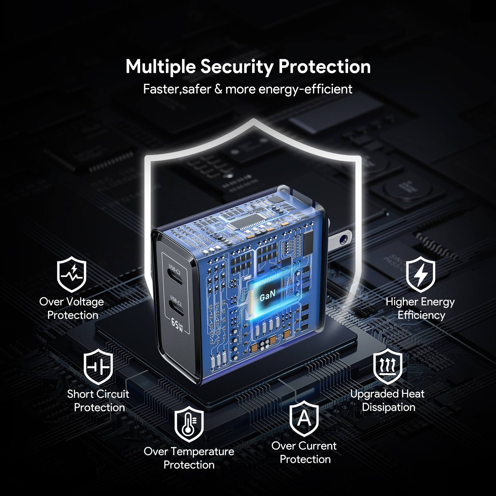 Multiple Security Protection  
Faster, safer & more energy-efficient  

- Over Voltage Protection  
- Short Circuit Protection  
- Over Temperature Protection  
- Over Current Protection  
- Higher Energy Efficiency  
- Upgraded Heat Dissipation  

USBC S-CI 65W  
GaN