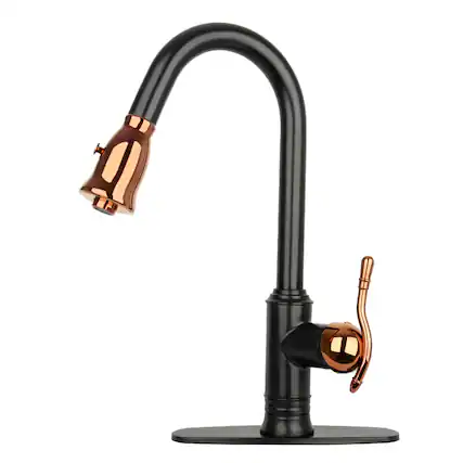 Front. Akicon - Akicon Solid Brass Single Handle Kitchen Faucet with Pull Down Sprayer in Matte Black & Rose Gold - Matte Black & Rose Gold.