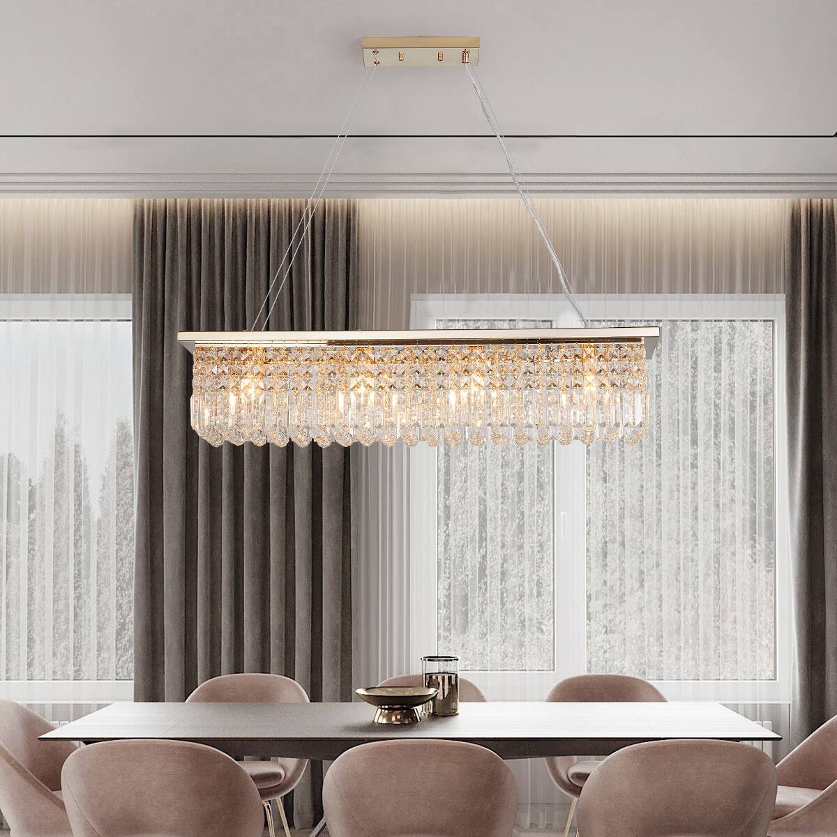Left. Loheer - Loheer Modern Eight Light Crystal Chandelier Gold Rectangular Pendant for Dining Room.