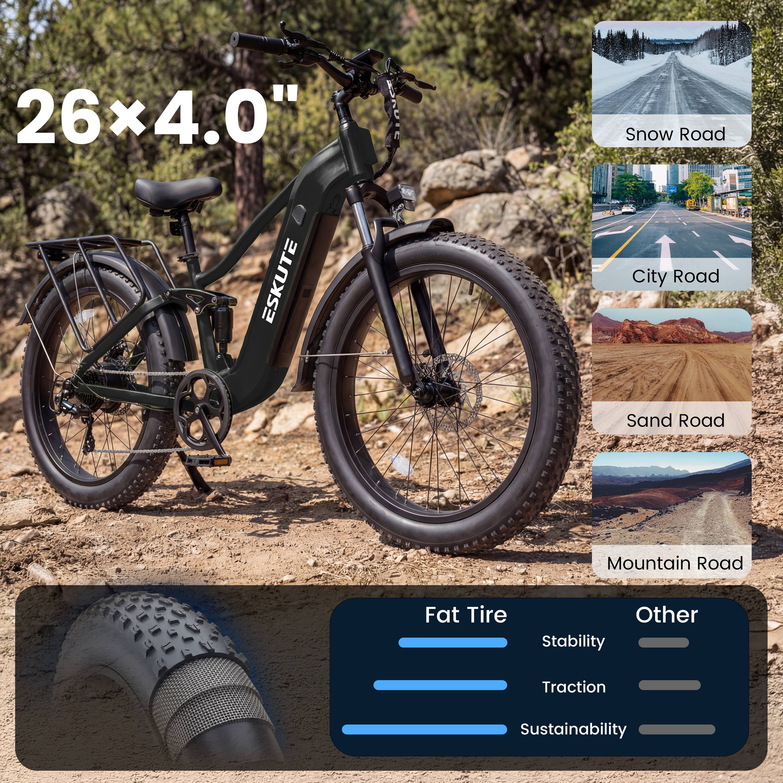 26x4.0" TUAC Snow Road ESKUTE City Road Sand Road Mountain Road Fat Tire Other Stability Traction Sustainability