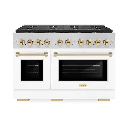 Front. ZLINE - 48 in. Wide 8 Burner Autograph Paramount Gas Range with 8 DuoPro Burners & White Doors w/ Gold Accents (PSGRZ-WM-48-G) - Stainless Steel with White Matte Door.