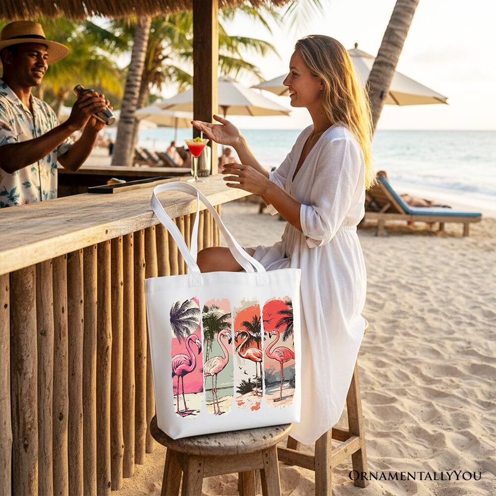 Left. OrnamentallyYou - Summer Flamingo Beach Canvas Tote Bag, Retro Vacation Tropical Sunset Gift Shopper - White.