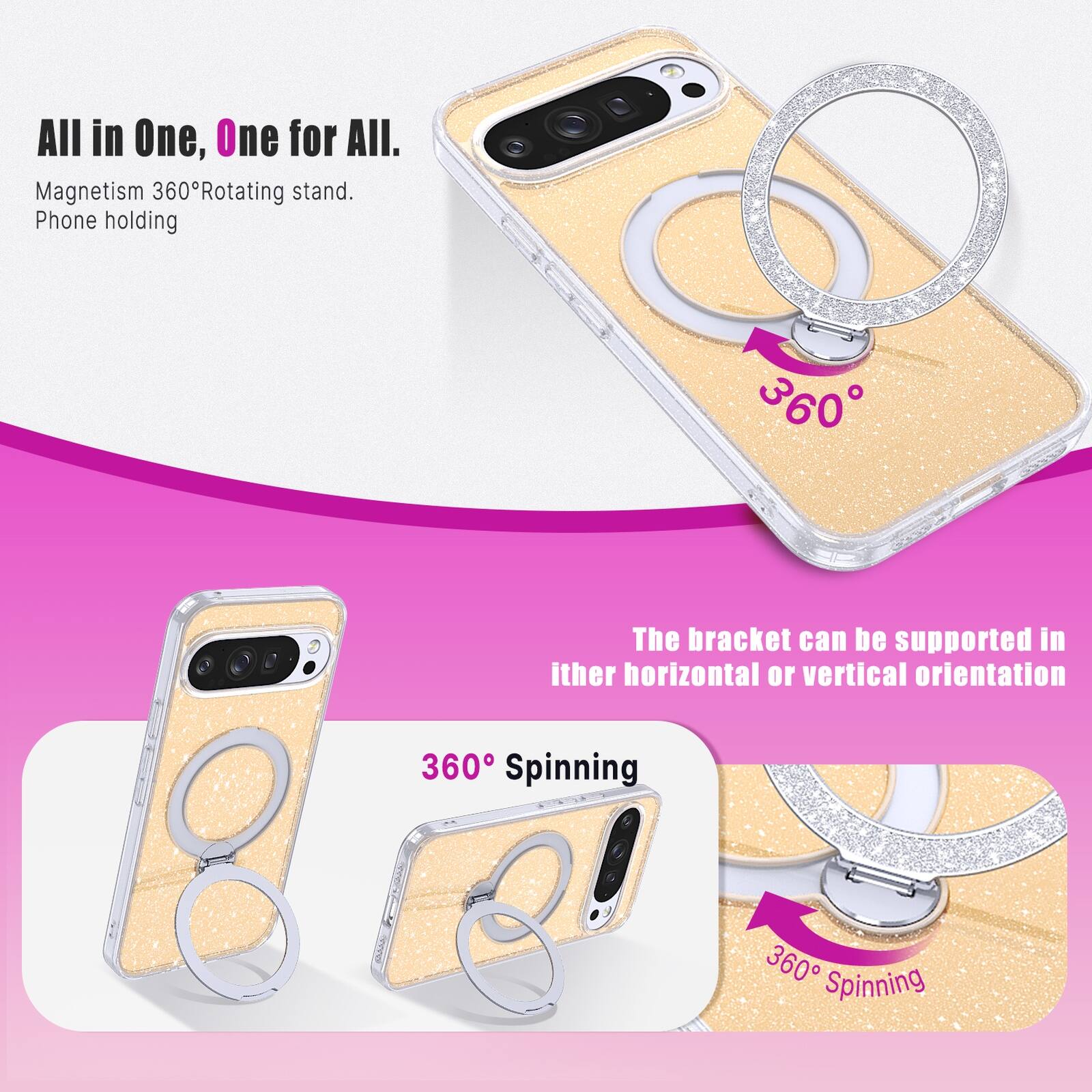 All in One, One for All.  
Magnetism 360° Rotating stand.  
Phone holding  

The bracket can be supported in either horizontal or vertical orientation  

360° Spinning  
360° Spinning