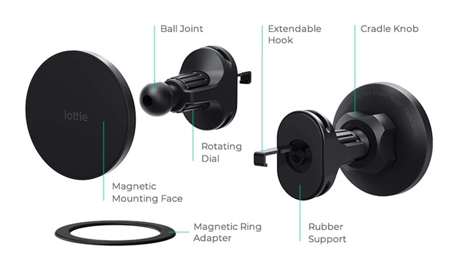 Ball Joint, Extendable Hook, Cradle Knob, iottie, Rotating Dial, Magnetic Mounting Face, Magnetic Ring Adapter, Rubber Support