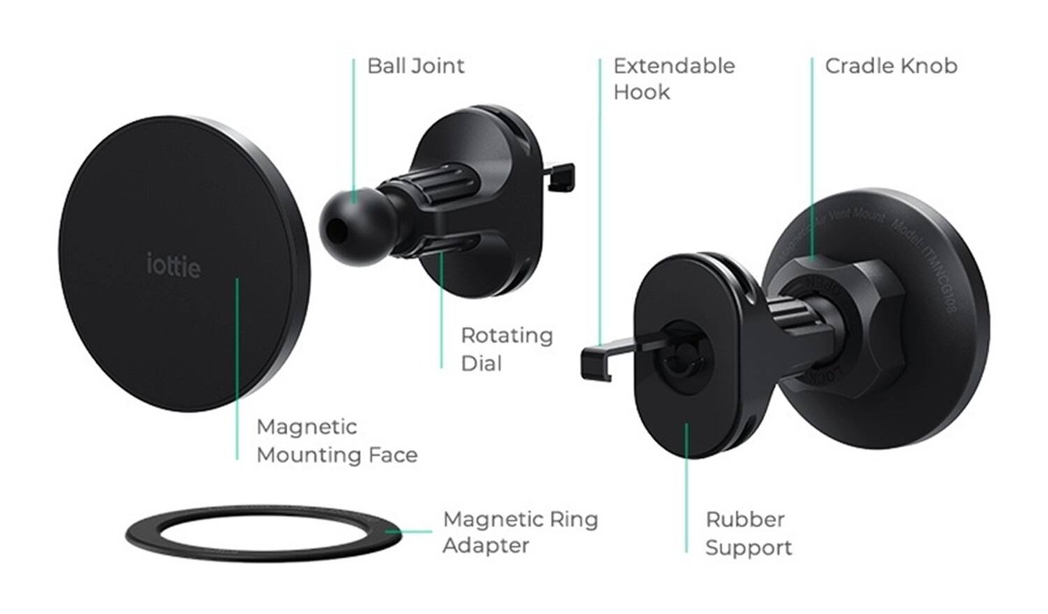 Ball Joint, Extendable Hook, Cradle Knob, iottie, Rotating Dial, Magnetic Mounting Face, Magnetic Ring Adapter, Rubber Support