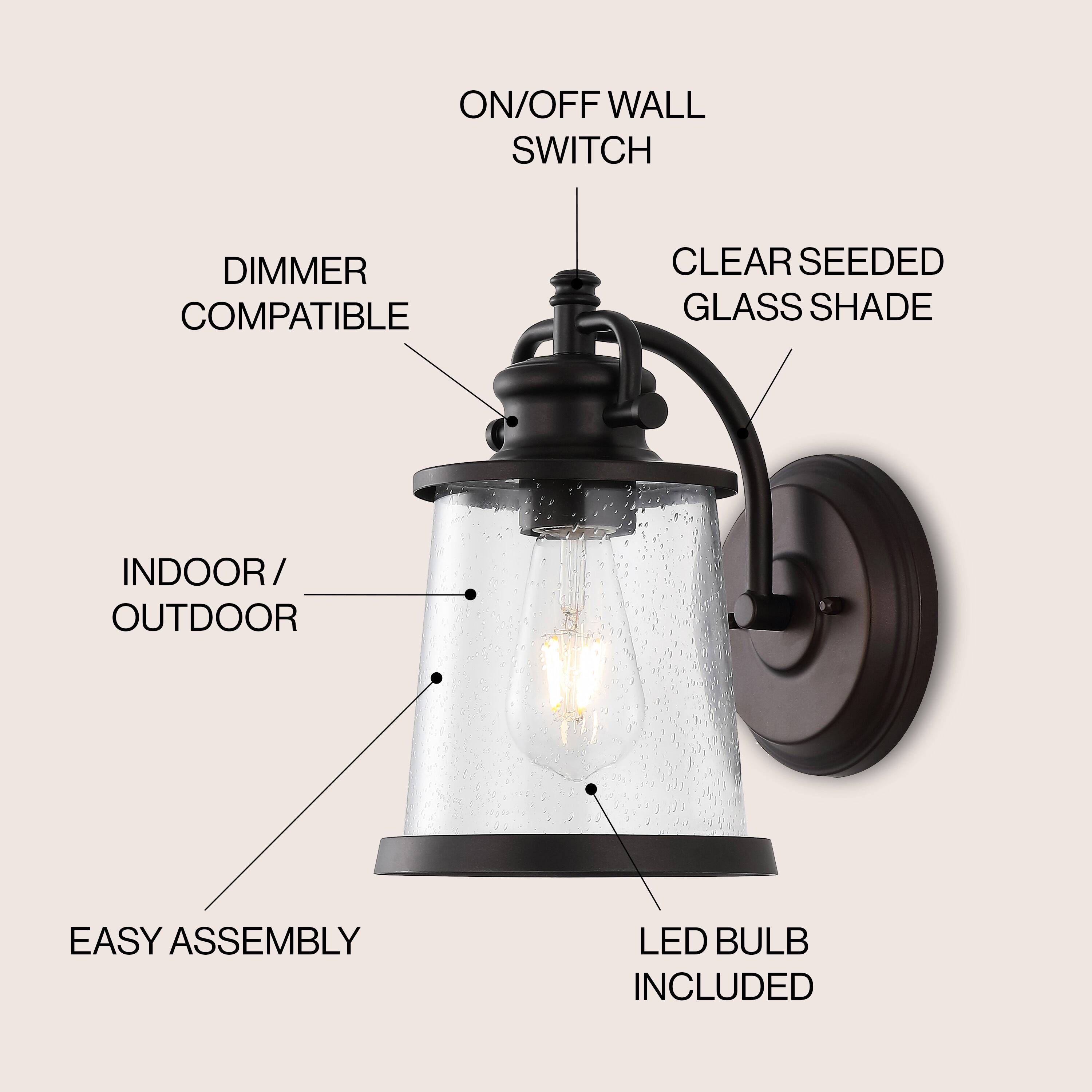 ON/OFF WALL SWITCH  
DIMMER COMPATIBLE  
CLEAR SEEDED GLASS SHADE  
INDOOR/OUTDOOR  
EASY ASSEMBLY  
LED BULB INCLUDED