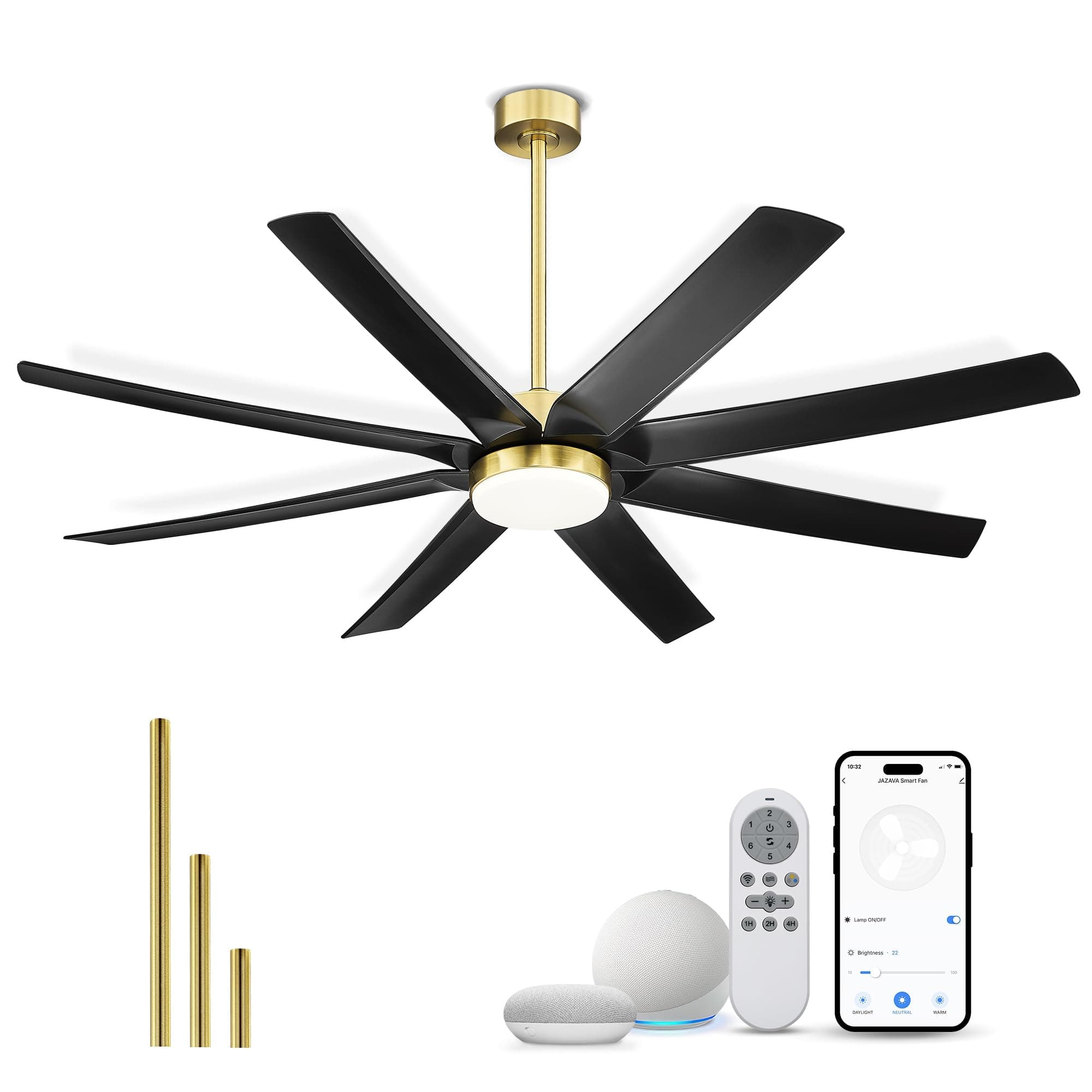 JAZAVA - 70 Inch Industrial Ceiling Fans with LED Lights and Smart Remote Control , Large Ceiling Fans with 6-Speed - Black and gold