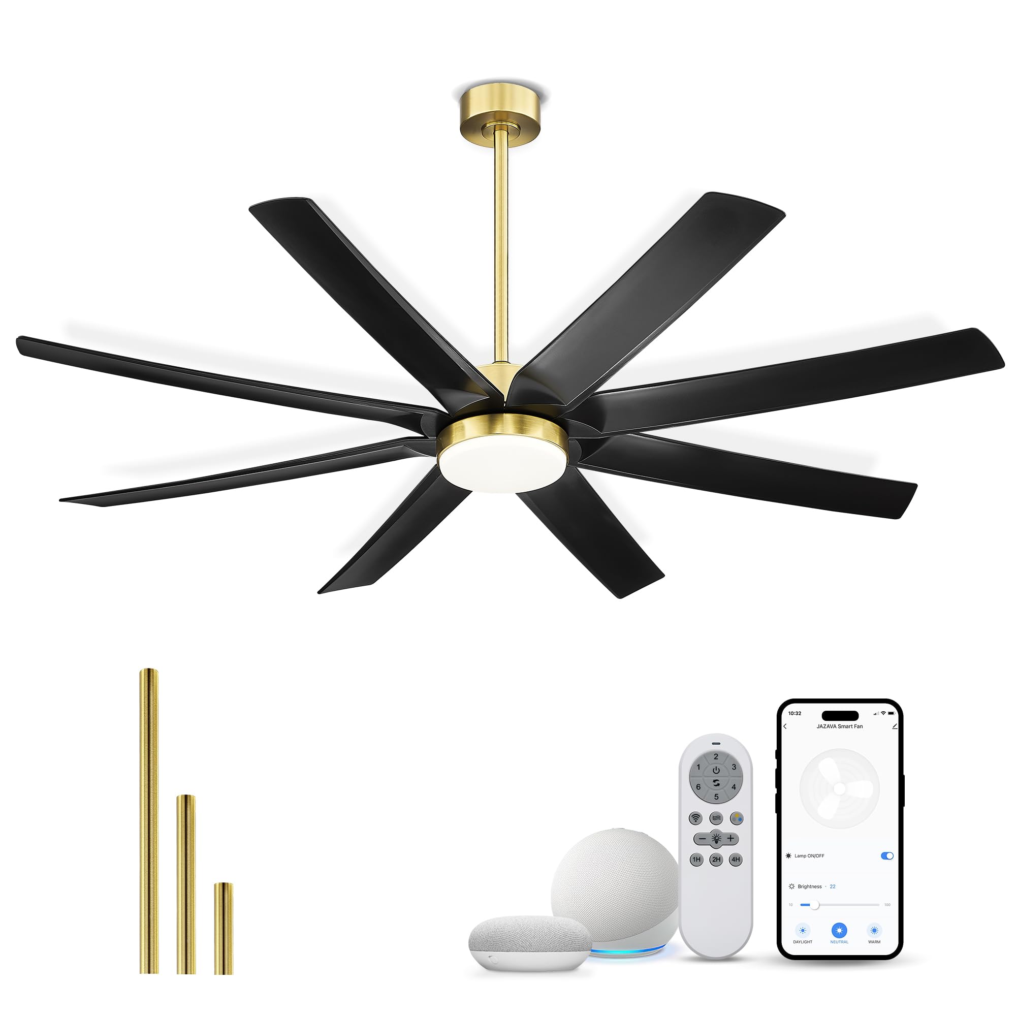 Front. JAZAVA - 70 Inch Industrial Ceiling Fans with LED Lights and Smart Remote Control , Large Ceiling Fans with 6-Speed - Black and gold.