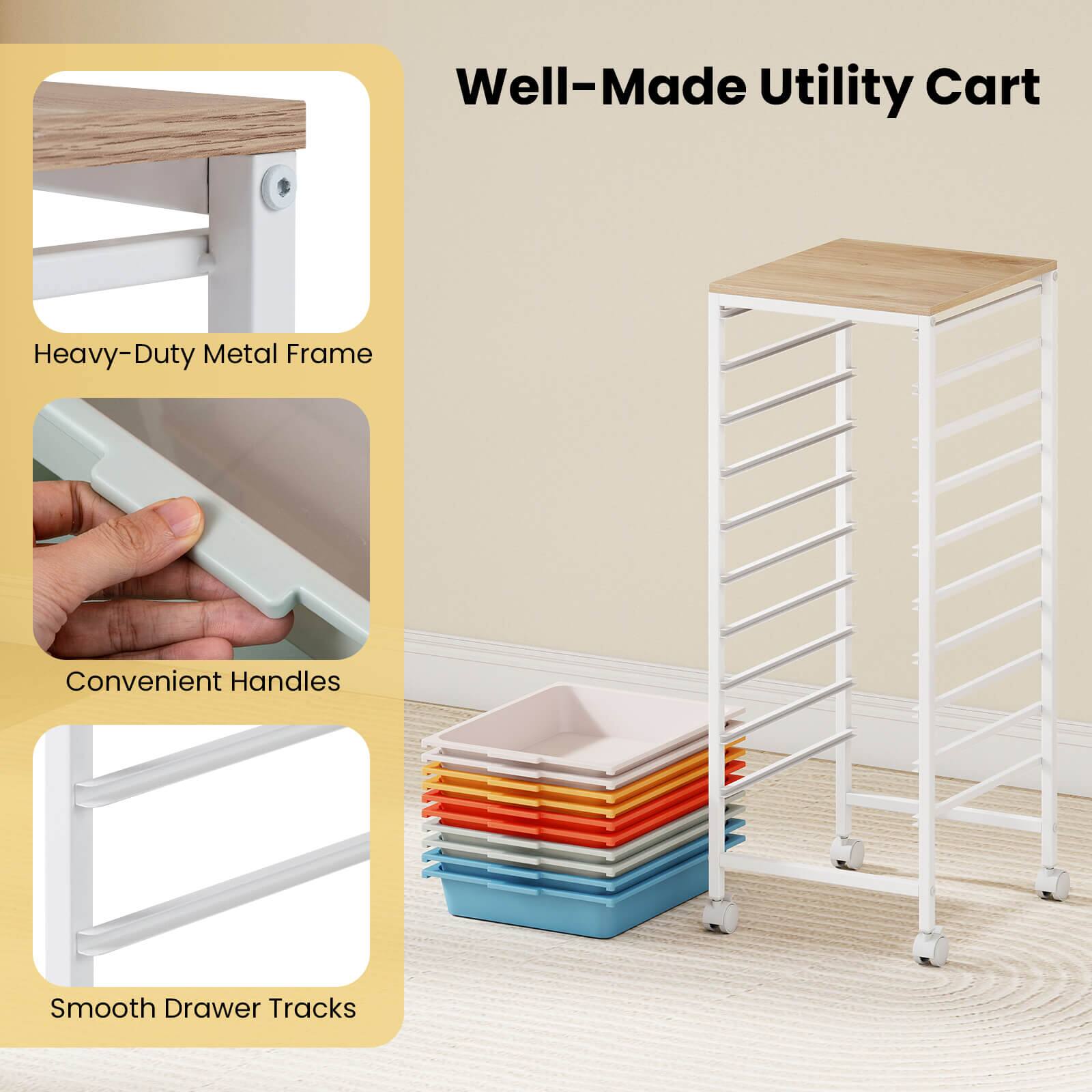 Well-Made Utility Cart  
Heavy-Duty Metal Frame  
Convenient Handles  
Smooth Drawer Tracks