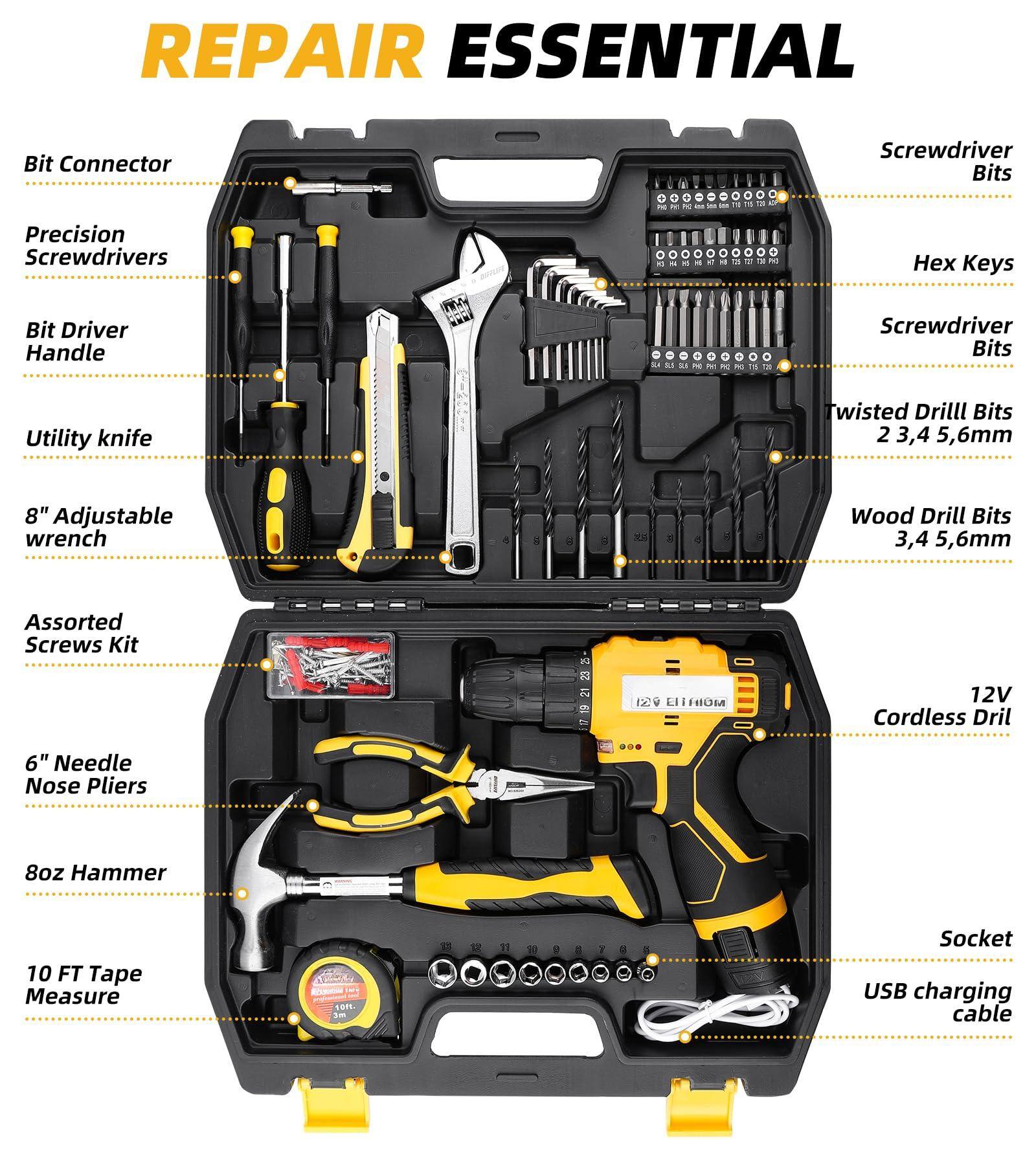 REPAIR ESSENTIAL

- Bit Connector
- Precision Screwdrivers
- Bit Driver Handle
- Utility knife
- 8" Adjustable wrench
- Assorted Screws Kit
- 6" Needle Nose Pliers
- 8oz Hammer
- 10 FT Tape Measure
- Screwdriver Bits
- Hex Keys
- Screwdriver Bits
- Twisted Drill Bits 2, 3, 4, 5, 6mm
- Wood Drill Bits 3, 4, 5, 6mm
- 12V Cordless Drill
- Socket
- USB charging cable