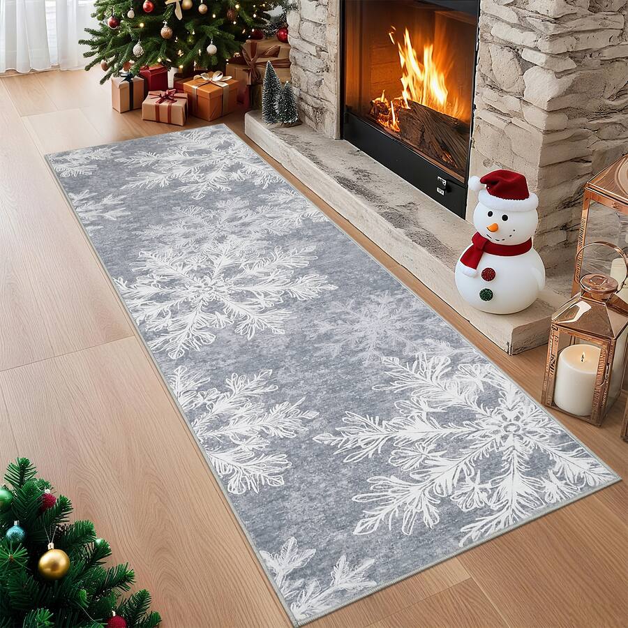Jojoka 2x8 ft Grey Christmas Area Rug, Snowflake Print, Washable, Non ...