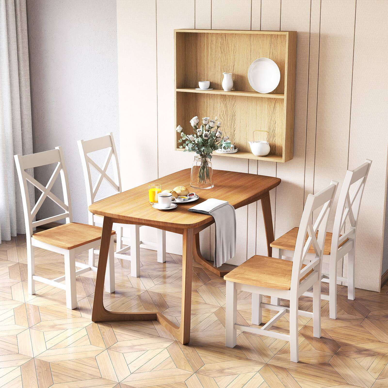 Alt View 1. Gymax - Gymax Modern Wooden Dining Chairs Set of 4 w/ High Back Rubber Wood Frame Armless - Cream White, Natural.