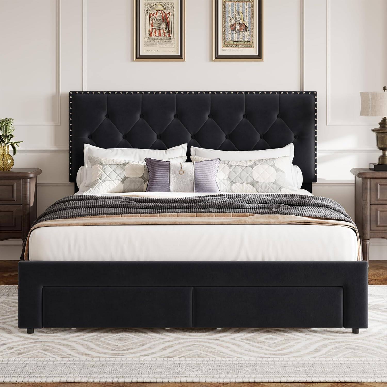 Angle. Acekool - King Size Bed Frame with Storage Drawers, Velvet Upholstered Headboard, Wooden Slats, No Box Spring, Black - Black.