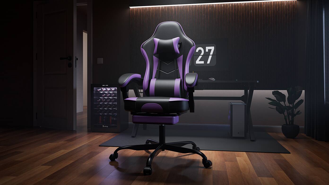 Angle. Spaco - Gaming Chair, Ergonomic, Footrest, Massage Lumbar and Height Adjustable Swivel, 300lbs - Purple.