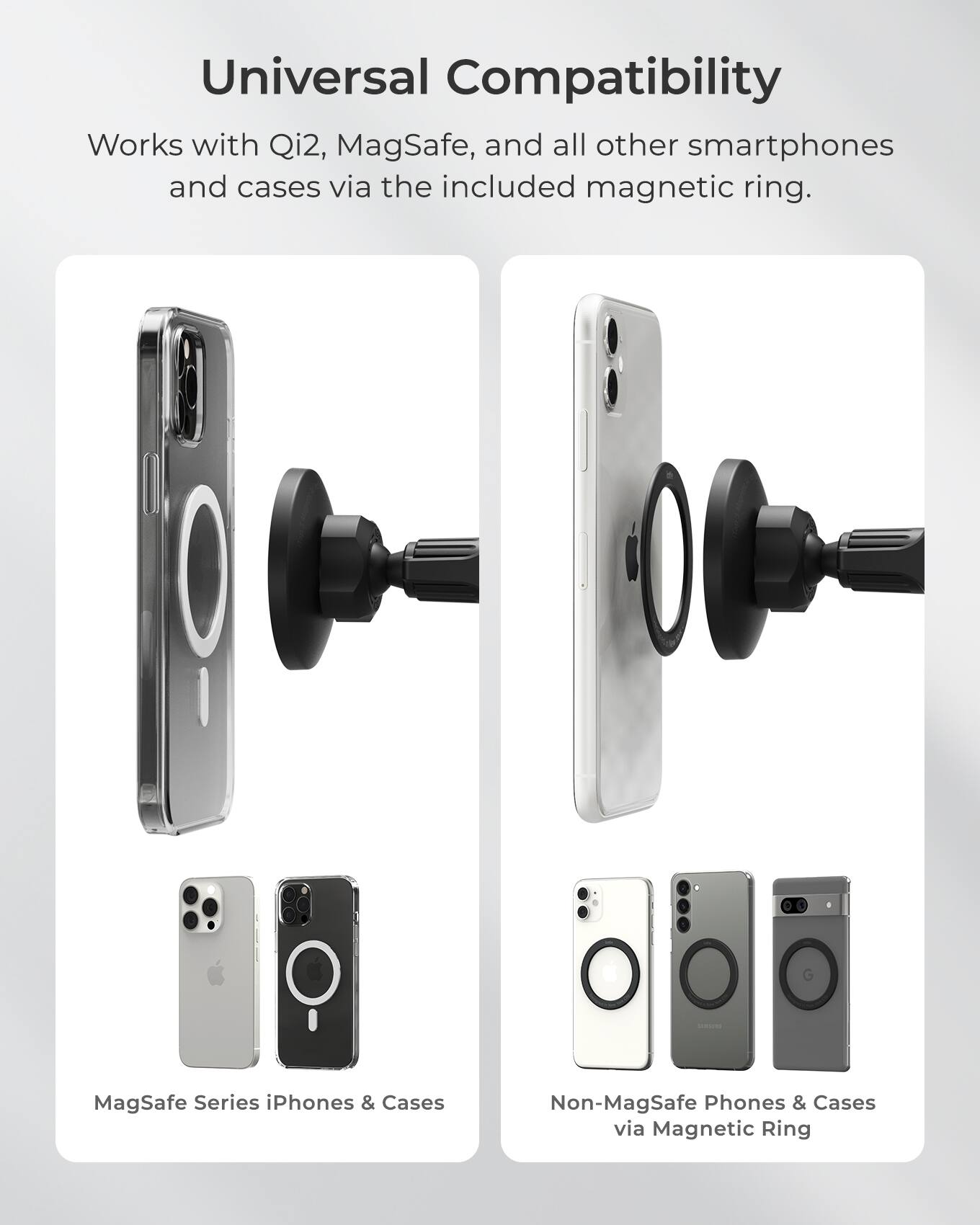 Universal Compatibility: Works with Qi2, MagSafe, and all other smartphones and cases via the included magnetic ring. - MagSafe Series iPhones & Cases: Non-MagSafe Phones & Cases via Magnetic Ring.