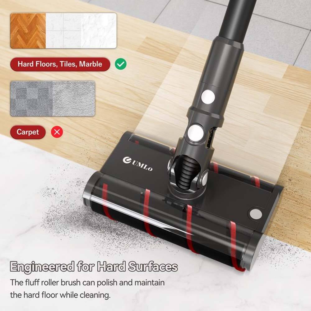 Hard Floors, Tiles, Marble  
Carpet X  

UMLO Engineered for Hard Surfaces  
The fluff roller brush can polish and maintain the hard floor while cleaning.