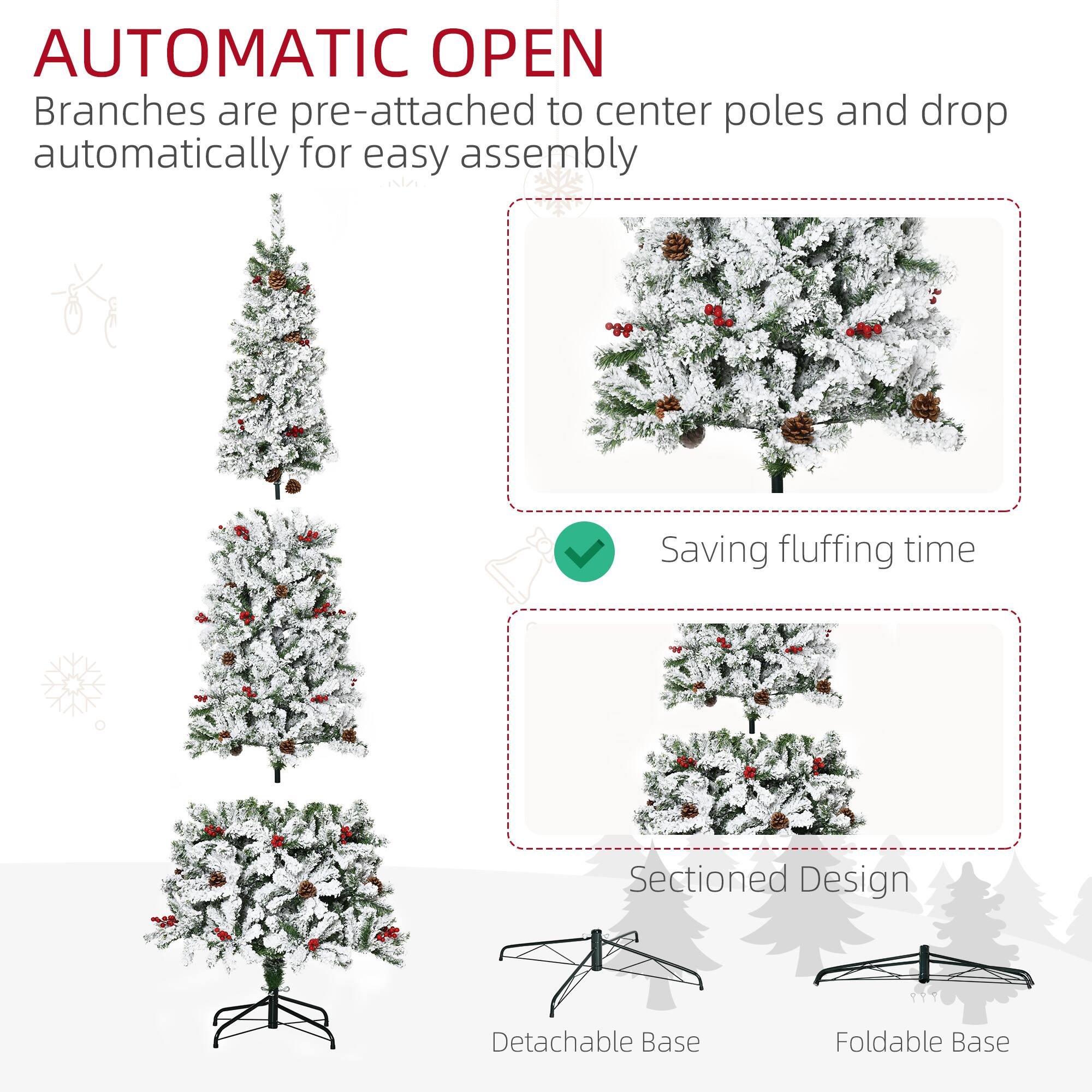 AUTOMATIC OPEN  
Branches are pre-attached to center poles and drop automatically for easy assembly.  

08 Saving fluffing time  

Sectioned Design  
Detachable Base  
Foldable Base