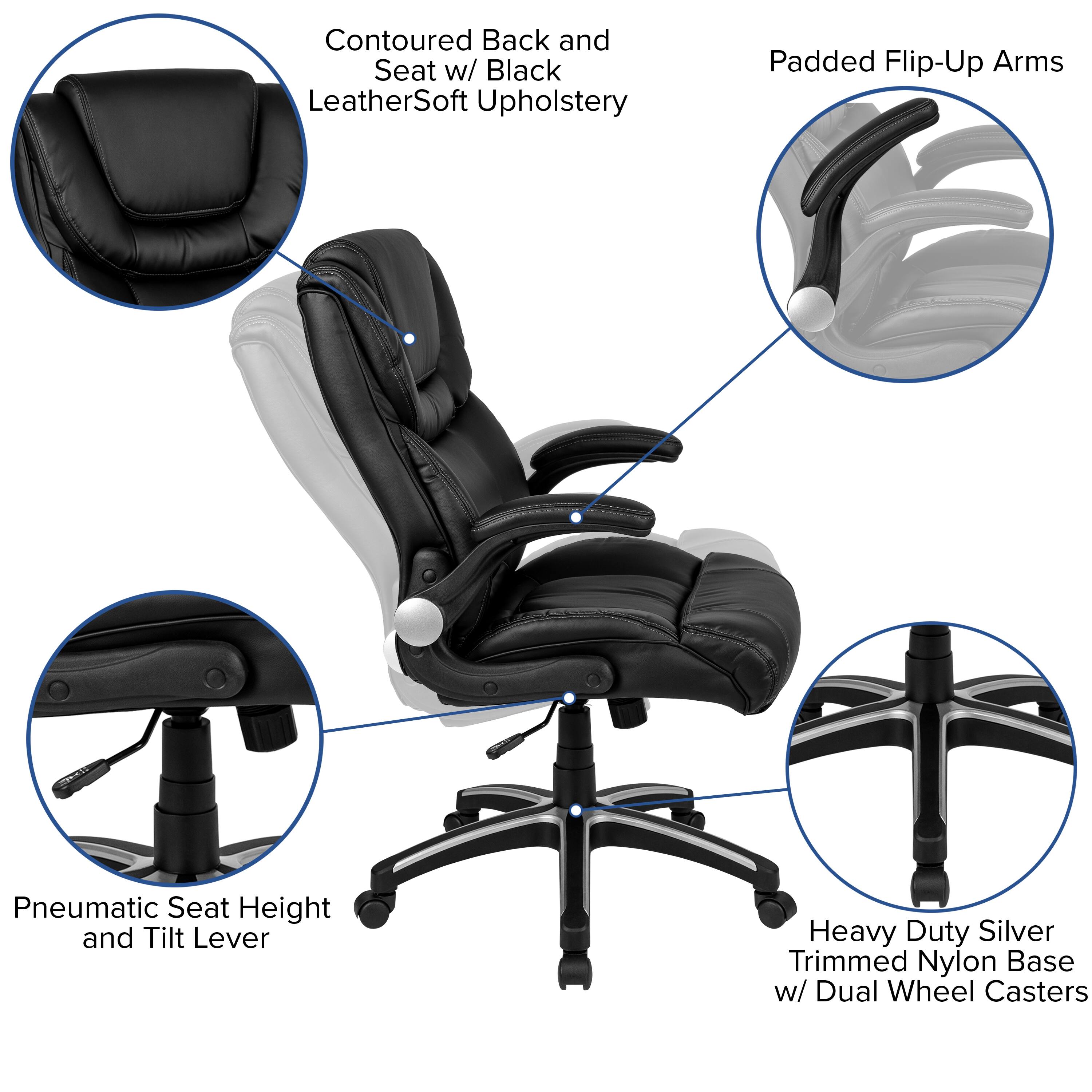 Contoured Back and Seat w/ Black LeatherSoft Upholstery  
Padded Flip-Up Arms  
Pneumatic Seat Height and Tilt Lever  
Heavy Duty Silver Trimmed Nylon Base w/ Dual Wheel Casters