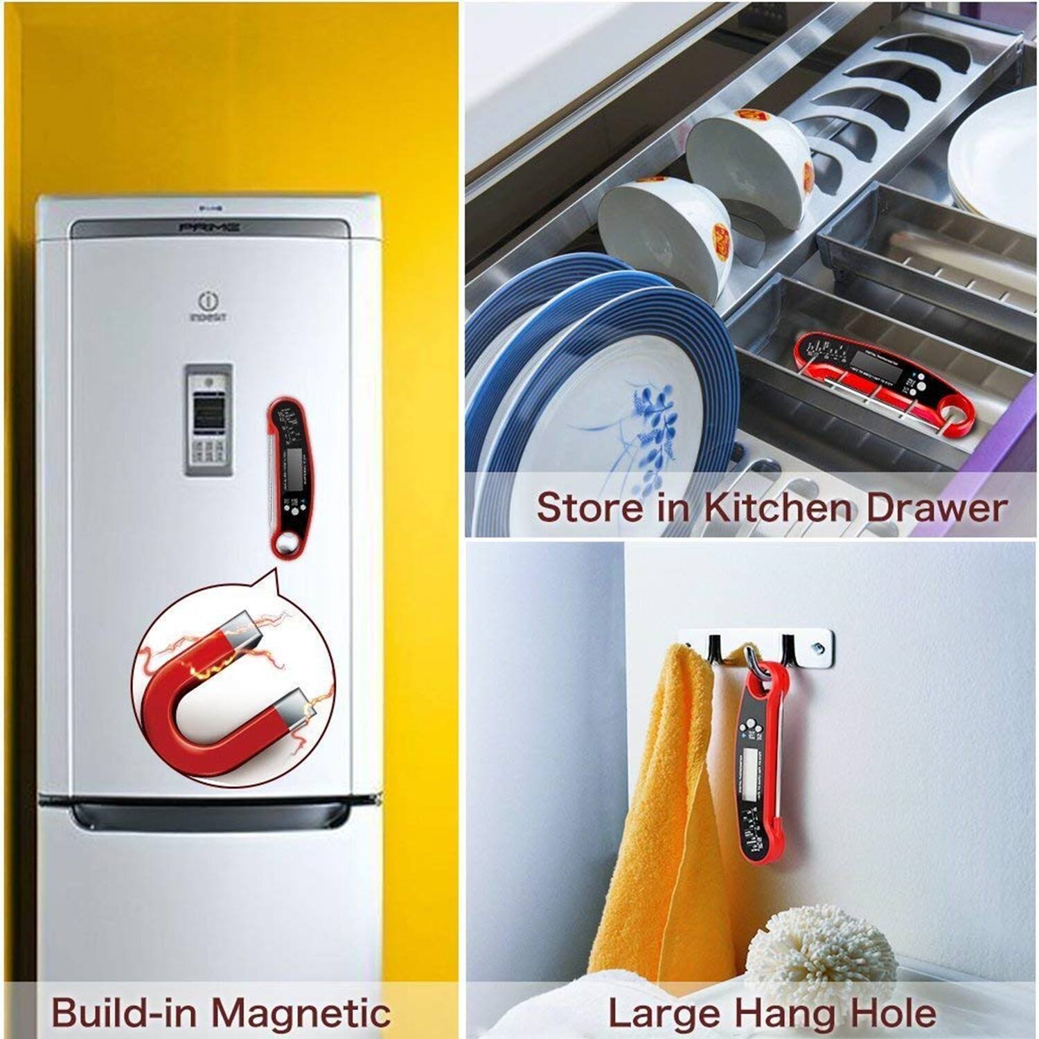 - Store in Kitchen Drawer
- Build-in Magnetic
- Large Hang Hole