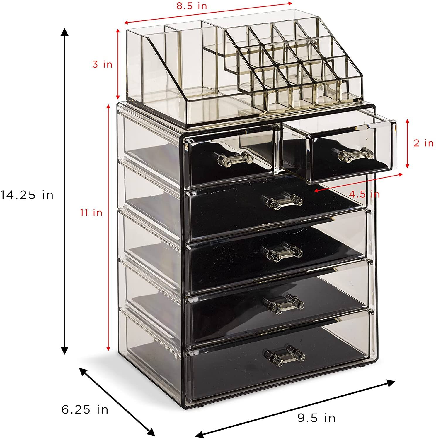 - Width: 9.5 in
- Depth: 14.25 in
- Height: 11 in
- Top Shelf Width: 8.5 in
- Top Shelf Depth: 3 in
- Drawer Height: 2 in
- Drawer Width: 4.5 in
- Bottom Shelf Height: 6.25 in