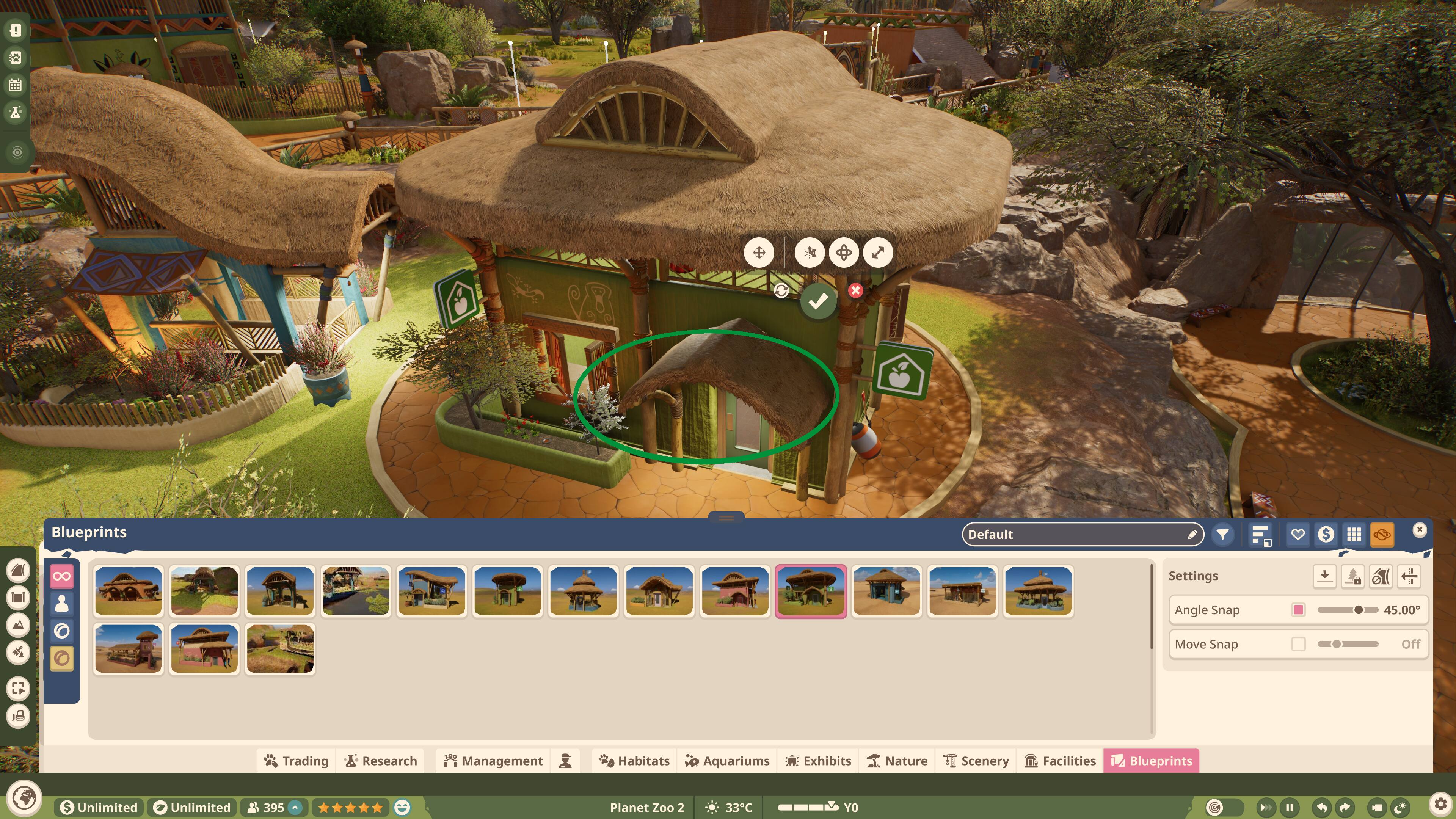 O d H1 2090 x Blueprints Default $ - 8. Settings a Angle Snap 45.00 Move Snap Off Trading Research Management Habitats Aquariums Exhibits Nature Scenery Facilities Blueprints $ Unlimited Unlimited 395 Planet Zoo 2 33C YO