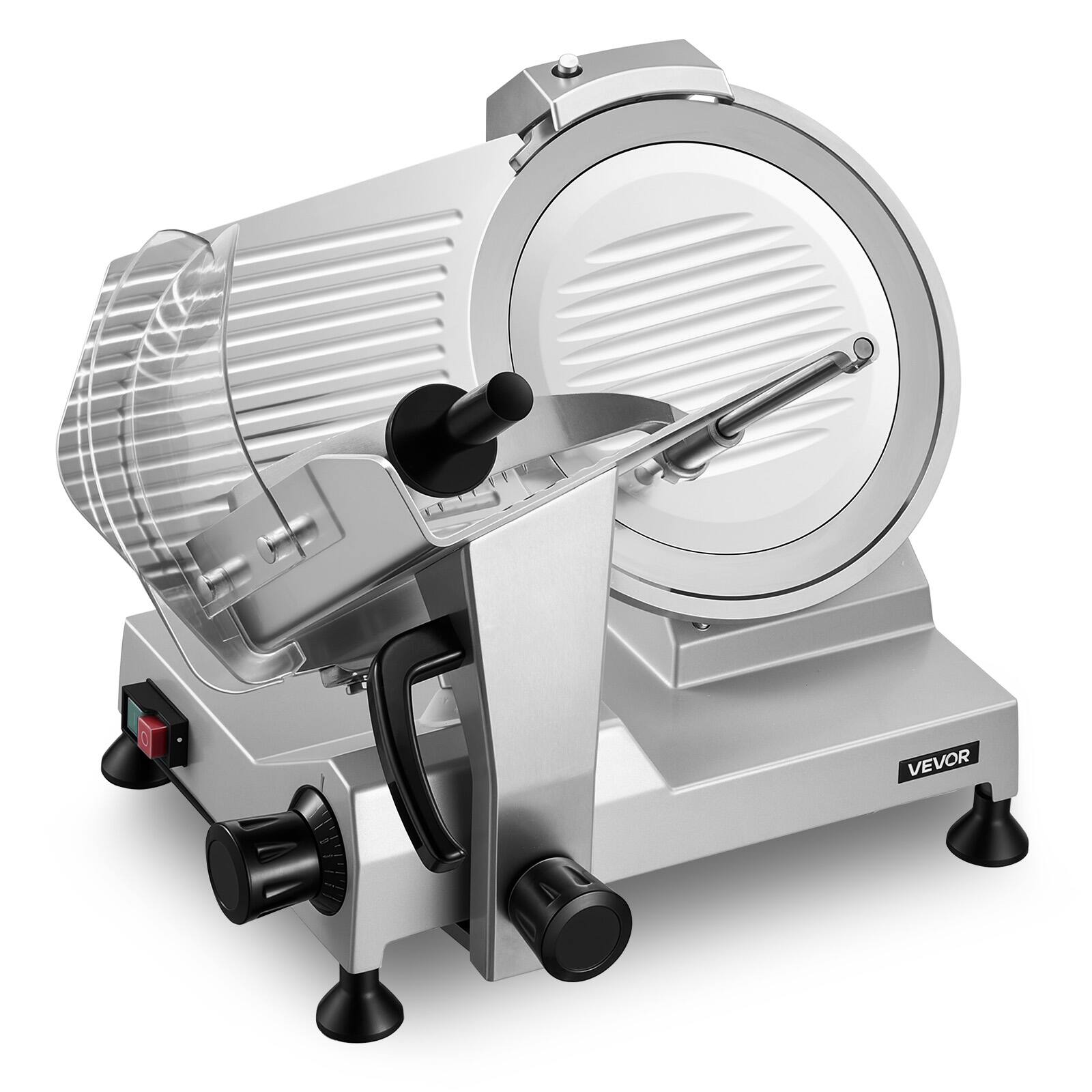 Front. VEVOR - Commercial Meat Slicer, 400W Electric Cutter, Removable 12" Carbon Steel Blade and Food Tray - Silver.