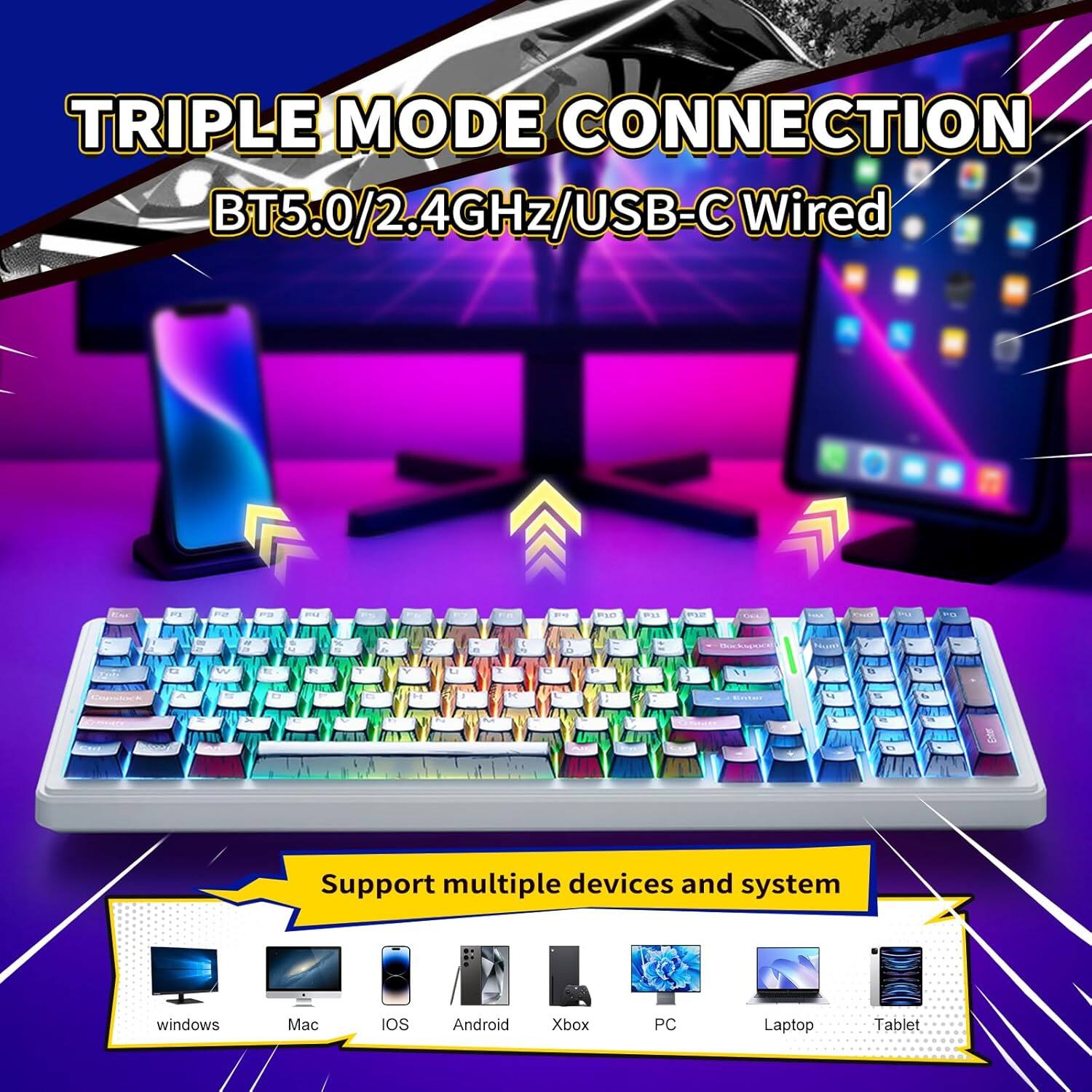TRIPLE MODE CONNECTION  
BT5.0/2.4GHz/USB-C Wired  

Support multiple devices and system  
windows Mac iOS Android Xbox PC Laptop Tablet