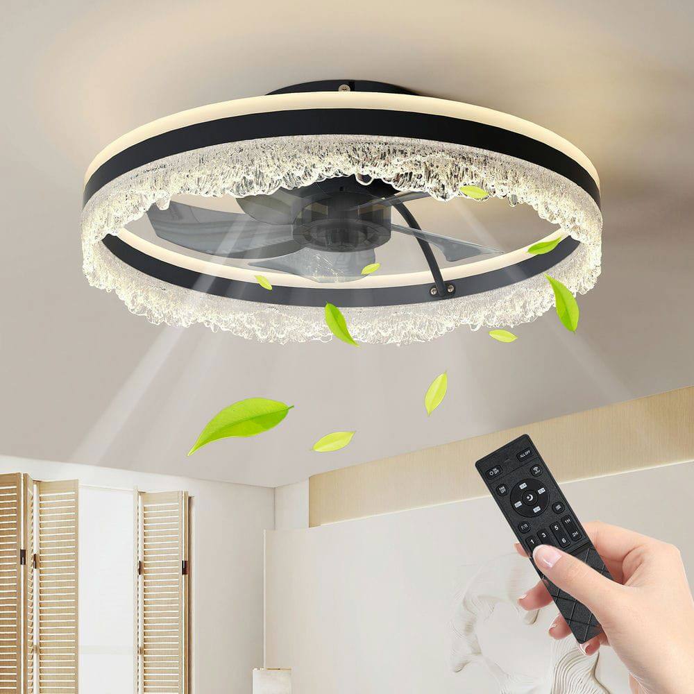 Front. Kadyn - 20" Smart Silent Ceiling Fan with Light – Crystal Flush Mount LED Fan Lamp with Hidden Blades, Black - Black.