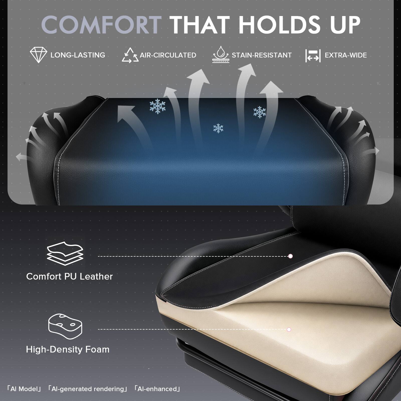COMFORT THAT HOLDS UP

LONG-LASTING
AIR-CIRCULATED
STAIN-RESISTANT
EXTRA-WIDE

Comfort PU Leather
High-Density Foam

[AI Model] [AI-generated rendering] [AI-enhanced]