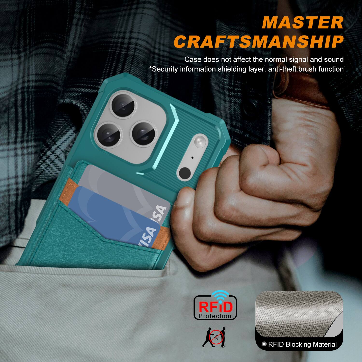 MASTER CRAFTSMANSHIP  
Case does not affect the normal signal and sound  
*Security information shielding layer, anti-theft brush function  
ISA RFID Protection  
RFID Blocking Material