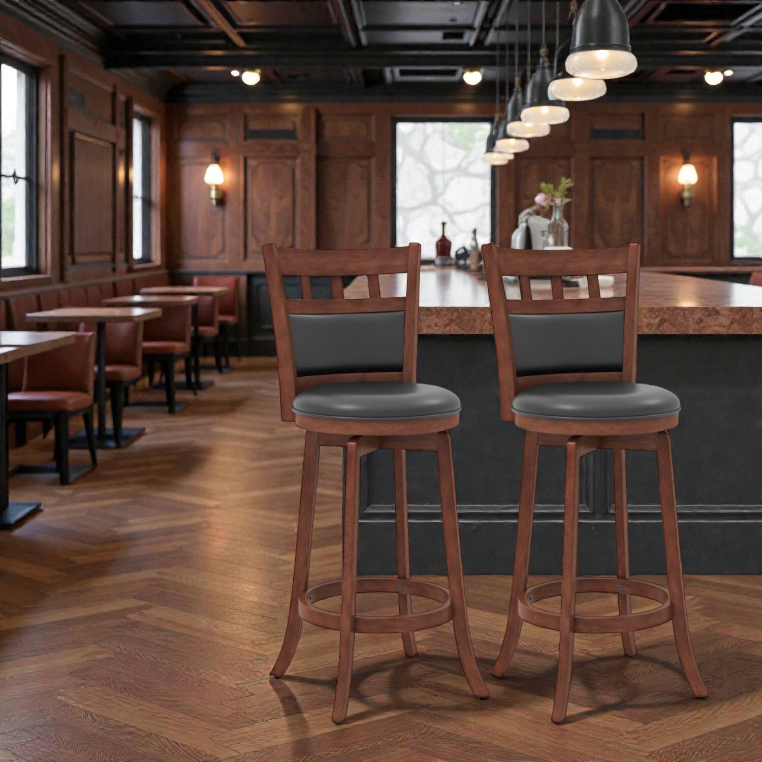 Front. Hivvago - Set of 2 Wooden Swivel Bar Chairs with Padded Faux Leather Seat and Backrest - Brown.