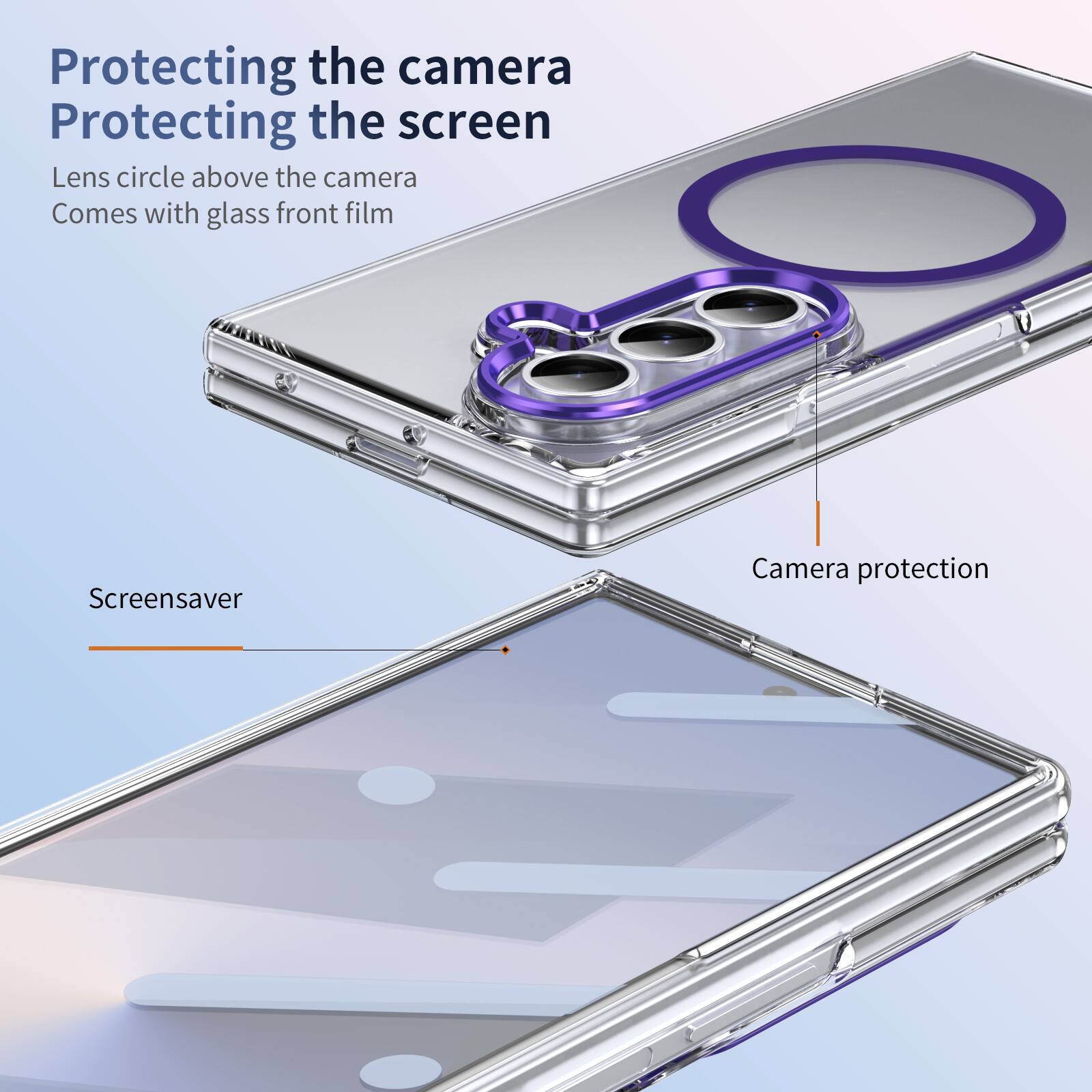 Protecting the camera  
Protecting the screen  
Lens circle above the camera  
Comes with glass front film  
Screensaver  
Camera protection