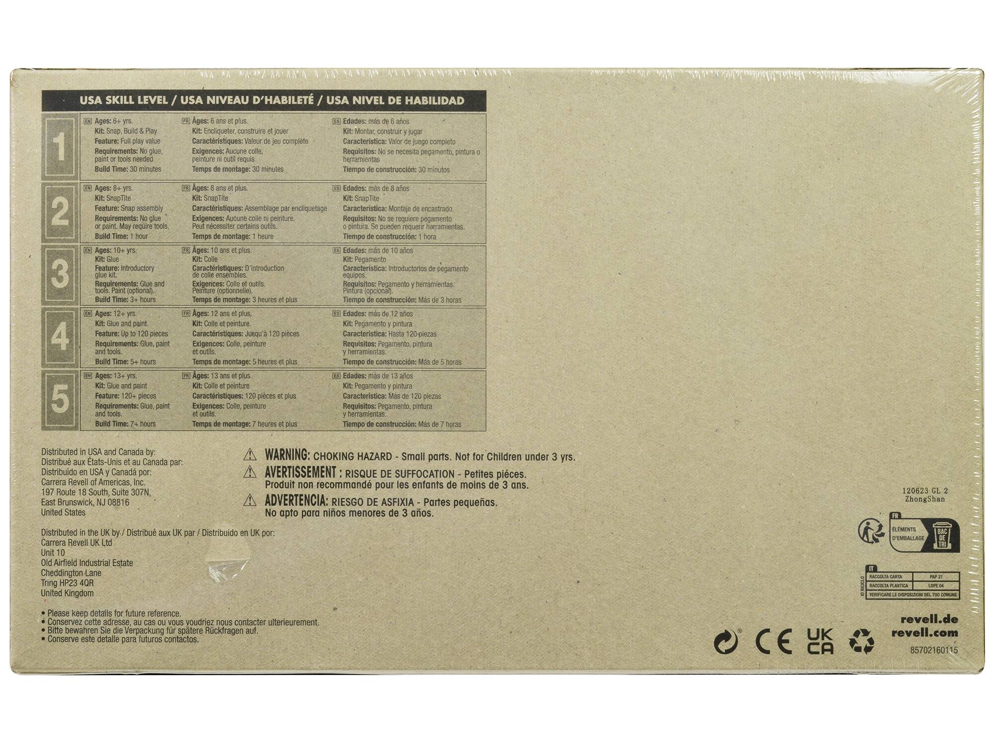 **USA SKILL LEVEL / USA NIVEAU D'ABILITÉ / USA NIVEL DE HABILIDAD**

1. **Ages: 6+ yrs.**  
   - Kit: Snap, Build & Play  
   - Feature: Full play value  
   - Requirements: No paint or tools needed  
   - Build Time: 30 minutes  
   - Edades: más de 6 años  
   - Características: Valor de juego completo  
   - Exigencias: No necesita pegamento, pintura o herramientas  
   - Tiempo de montaje: 30 minutos  

2. **Ages: 8+ yrs.**  
   - Kit: Snap assembly  
   - Feature: Snap assembly  
   - Requirements: No glue or paint. May require tools  
   - Build Time: 1 hour  
   - Edades: más de 8 años  
   - Características: Montaje encliquetado  
   - Exigencias: Aucune colle ni peinture. Peut nécessiter certains outils  
   - Tiempo de montaje: 1 hora  

3. **Ages: 10+ yrs.**  
   - Kit