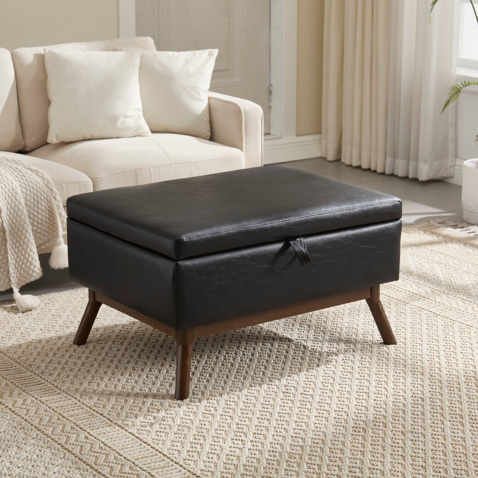 Alt View 9. GOODSILO - Mid-Century Modern Square Storage Ottoman Bench with Lift-Top Lid and Child Safety Hinge - Black PU.