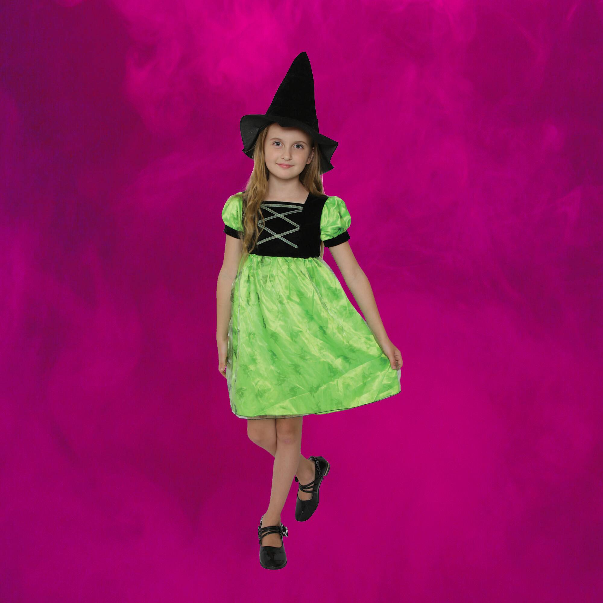 Alt View 2. Northlight - Black and Green Witch Girl Child Halloween Costume - Small - Green.