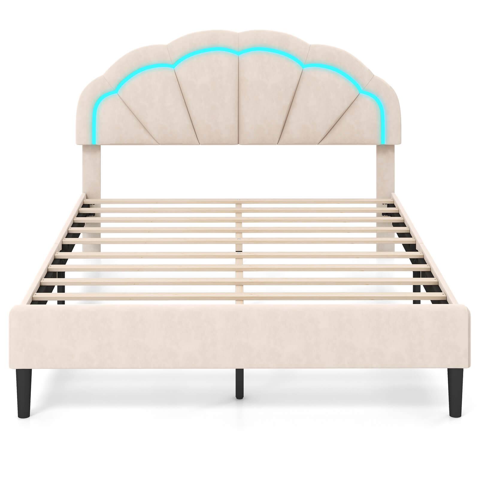 Costway - Queen Size Upholstered LED Bed Frame Soft Velvet Platform Bed with Flower Headboard - Beige price history on PriceWatchPro