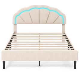 Costway - Queen Size Upholstered LED Bed Frame Soft Velvet Platform Bed with Flower Headboard - Beige