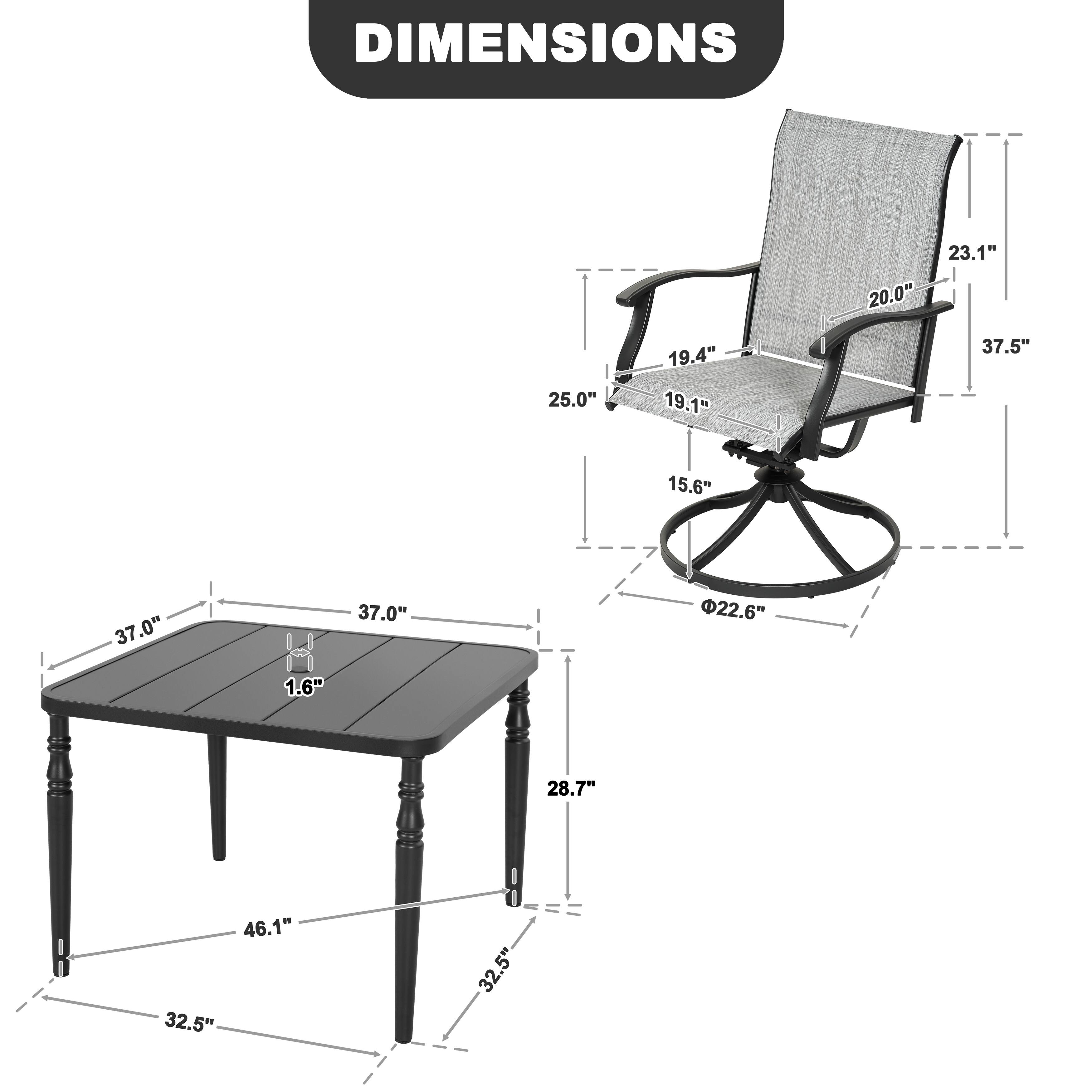 DIMENSIONS

- 20.0"
- 23.1"
- 25.0"
- 19.4"
- 19.1"
- 37.5"
- 15.6"
- 37.0"
- 37.0"
- 22.6"
- 1.6"
- 28.7"
- 46.1"
- 32.5"
- 32.5"