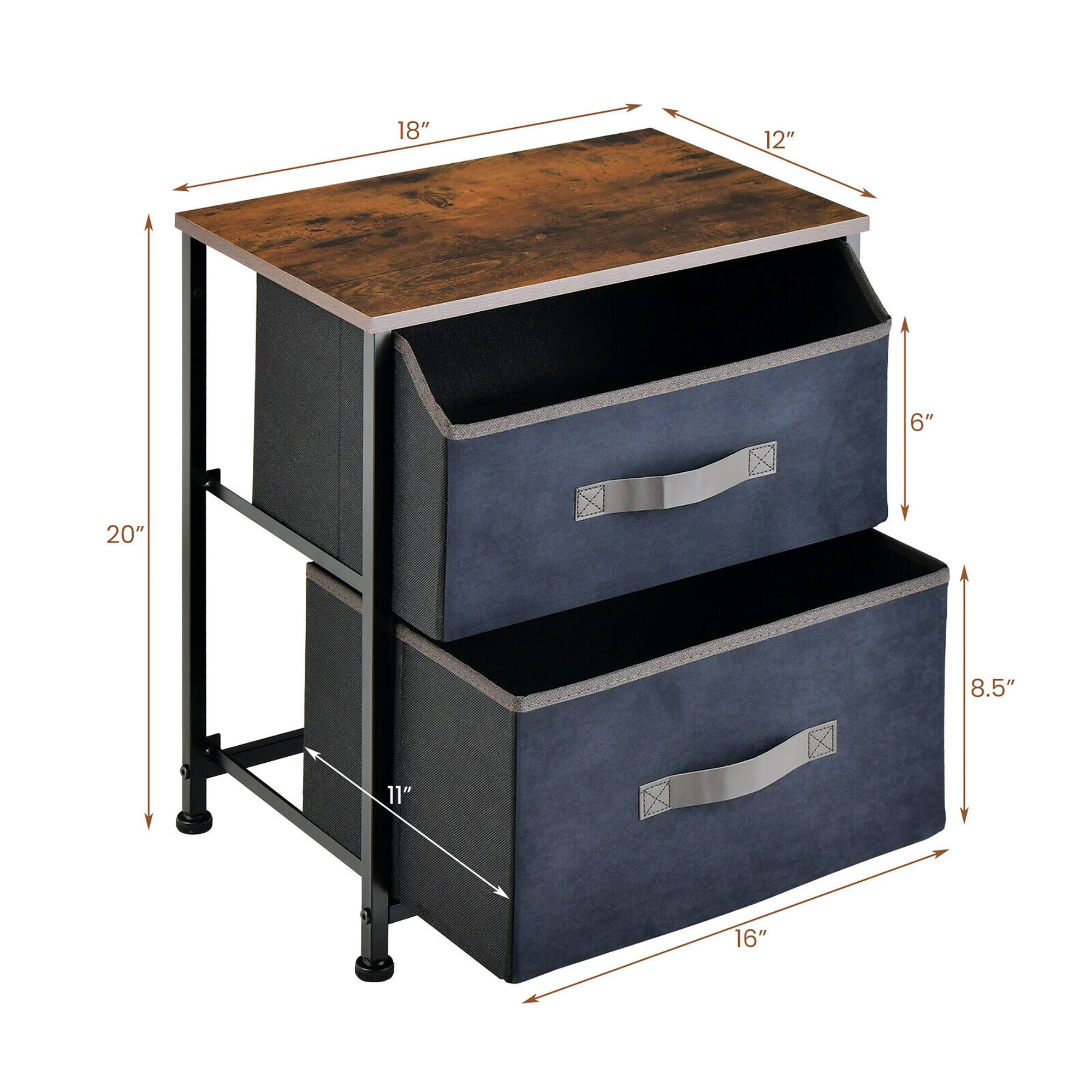The dimensions of the desk are as follows:

- Width: 18"
- Depth: 12"
- Height: 20"
- Drawer 1 (top): 6" high
- Drawer 2 (bottom): 8.5" high
- Overall height from floor to top: 11"
- Width of the bottom drawer: 16"