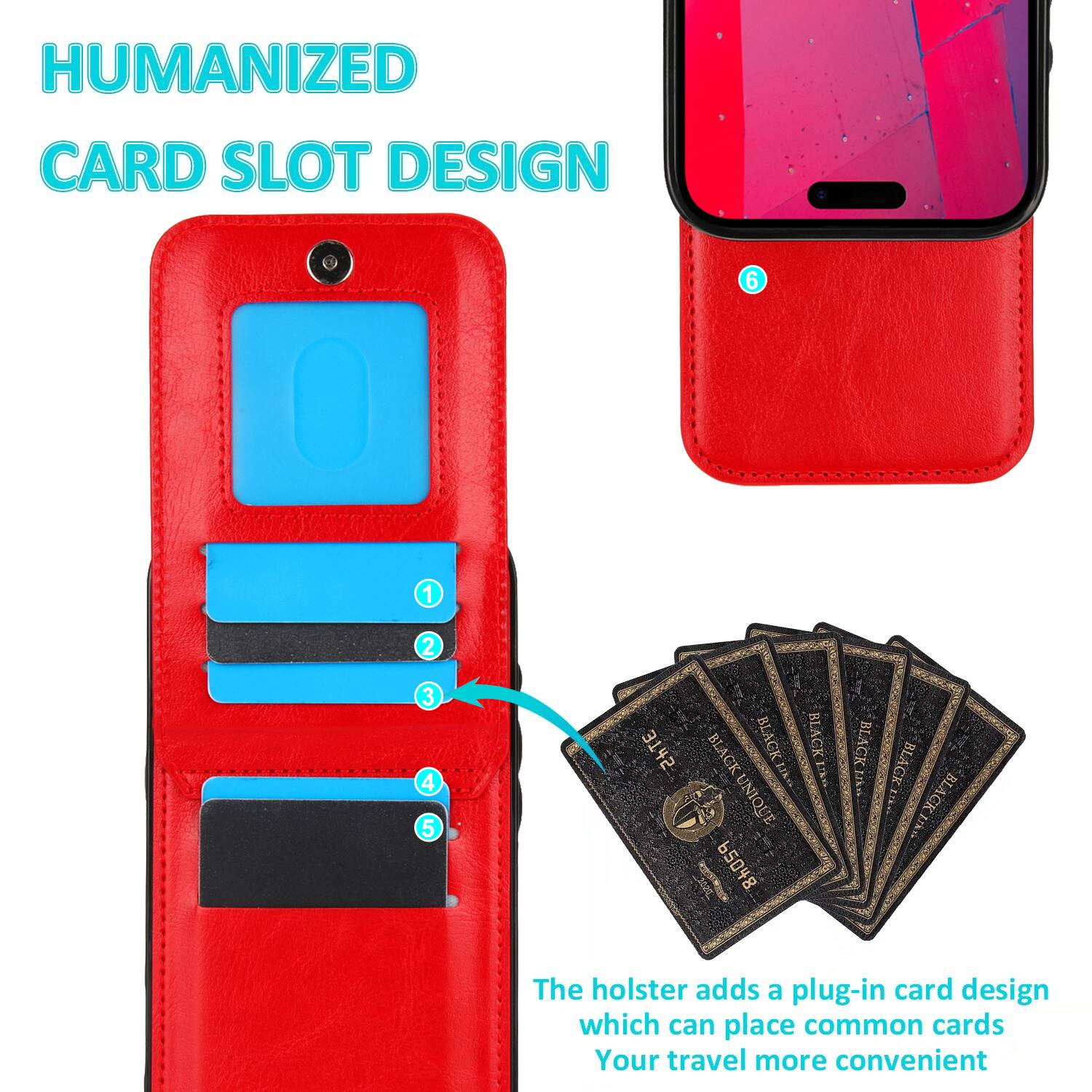 HUMANIZED CARD SLOT DESIGN

The holster adds a plug-in card design which can place common cards, making your travel more convenient.