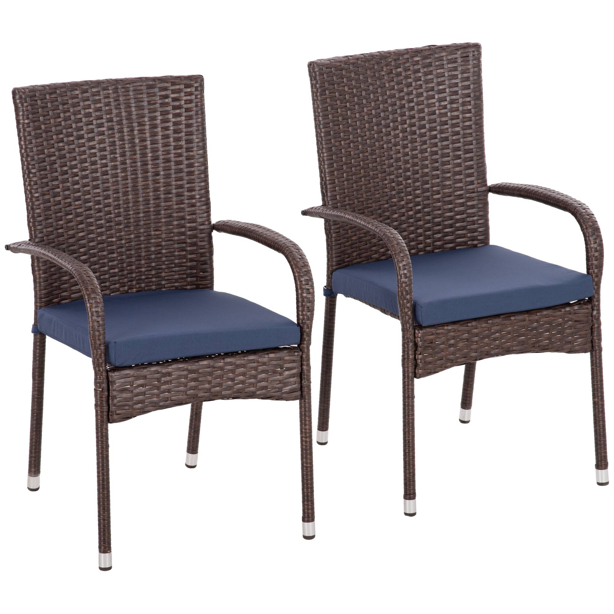 Front. Outsunny - Stackable PE Rattan Outdoor Dining Chairs with Cushions, Set of 2 Patio Wicker Dining Chairs - Blue.