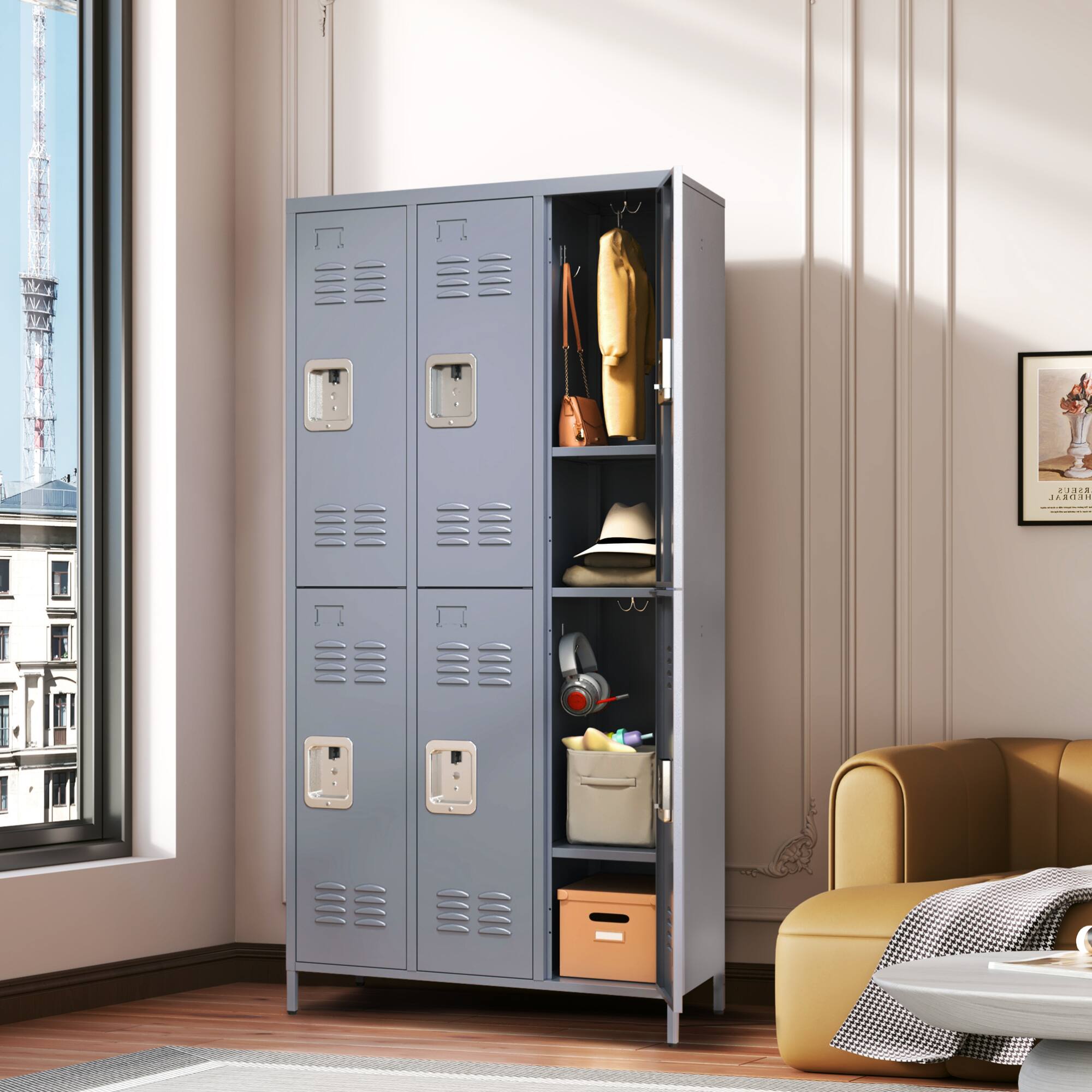 Angle. GOODSILO - 6-Door Full-Height Steel Storage Locker Cabinet with Key Locks for Secure Organization - Gray.