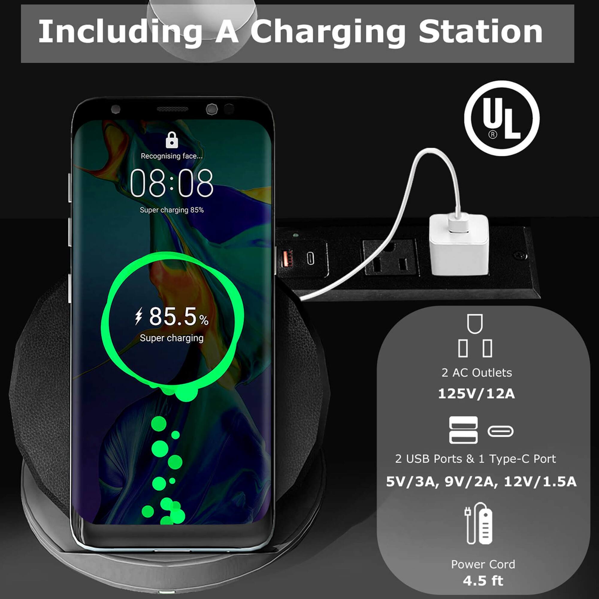 Including A Charging Station Recognising face... 08:08 Super charging 85% YL 85.5% % Super charging 2 AC Outlets 125V/12A 2 USB Ports & 1 Type-C Port 5V/A, 9V/2A, 12V/1.5A Power Cord 4.5 ft