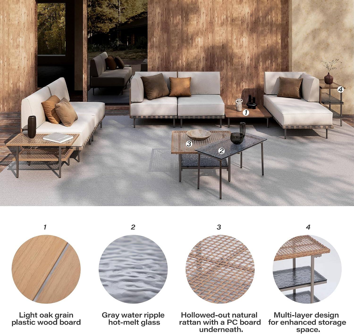 1. Light oak grain plastic wood board
2. Gray water ripple hot-melt glass
3. Hollowed-out natural rattan with a PC board underneath
4. Multi-layer design for enhanced storage space