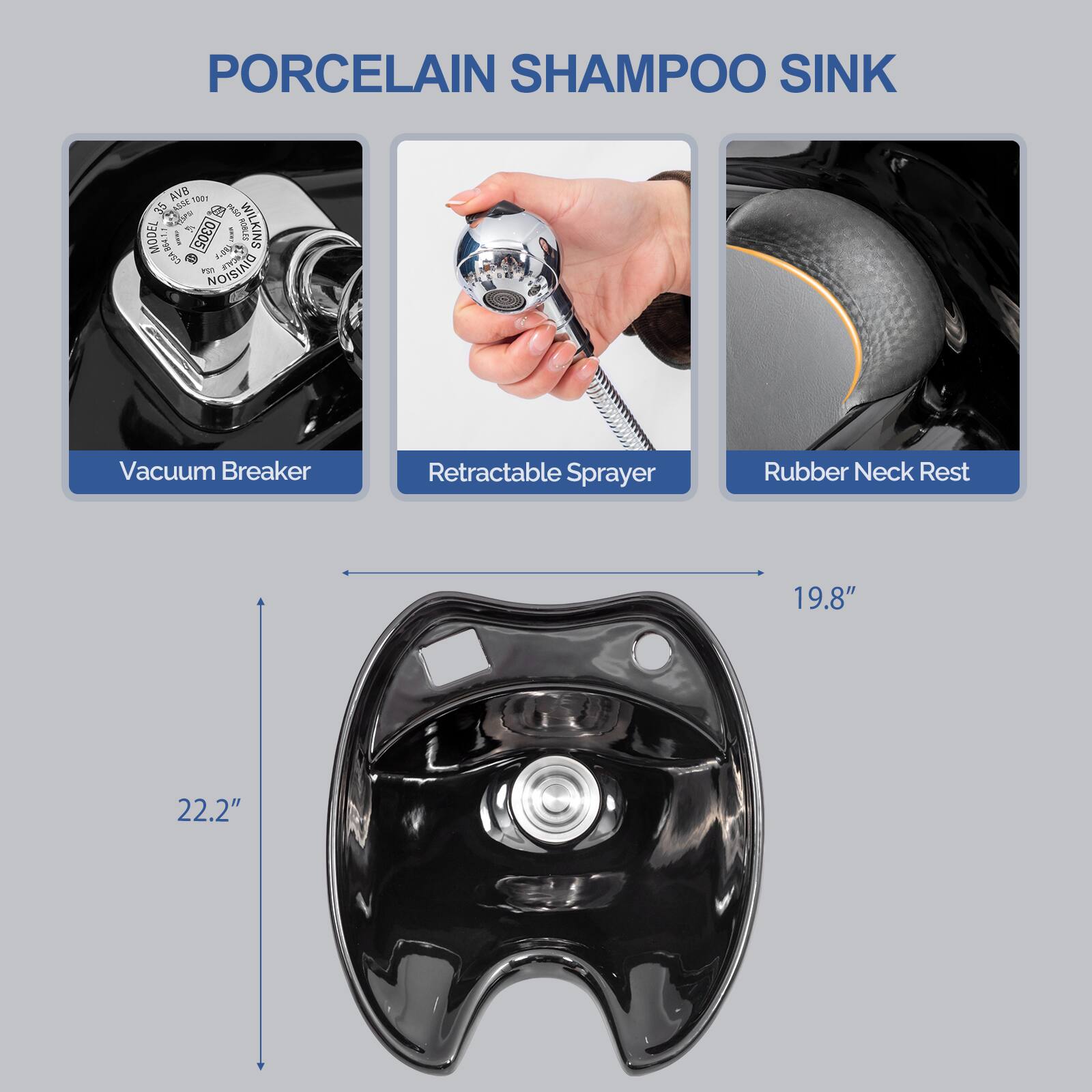 PORCELAIN SHAMPOO SINK AVR 1001 35 ANGLE 2 Oilae n Rson WILKINS MODEL CSB MAT I 0305 LPS CDN n POO NOISIAIO Vacuum Breaker Retractable Sprayer Rubber Neck Rest 19.8" 22.2"