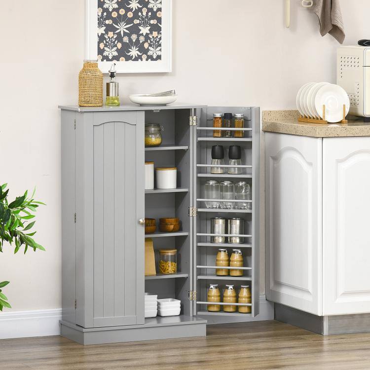 Alt View 2. PULUZ - Freestanding Kitchen Pantry Cabinet, Kitchen Cabinet with 12 Door Shelves, Double Doors, 5-tier Shelving - Gray.
