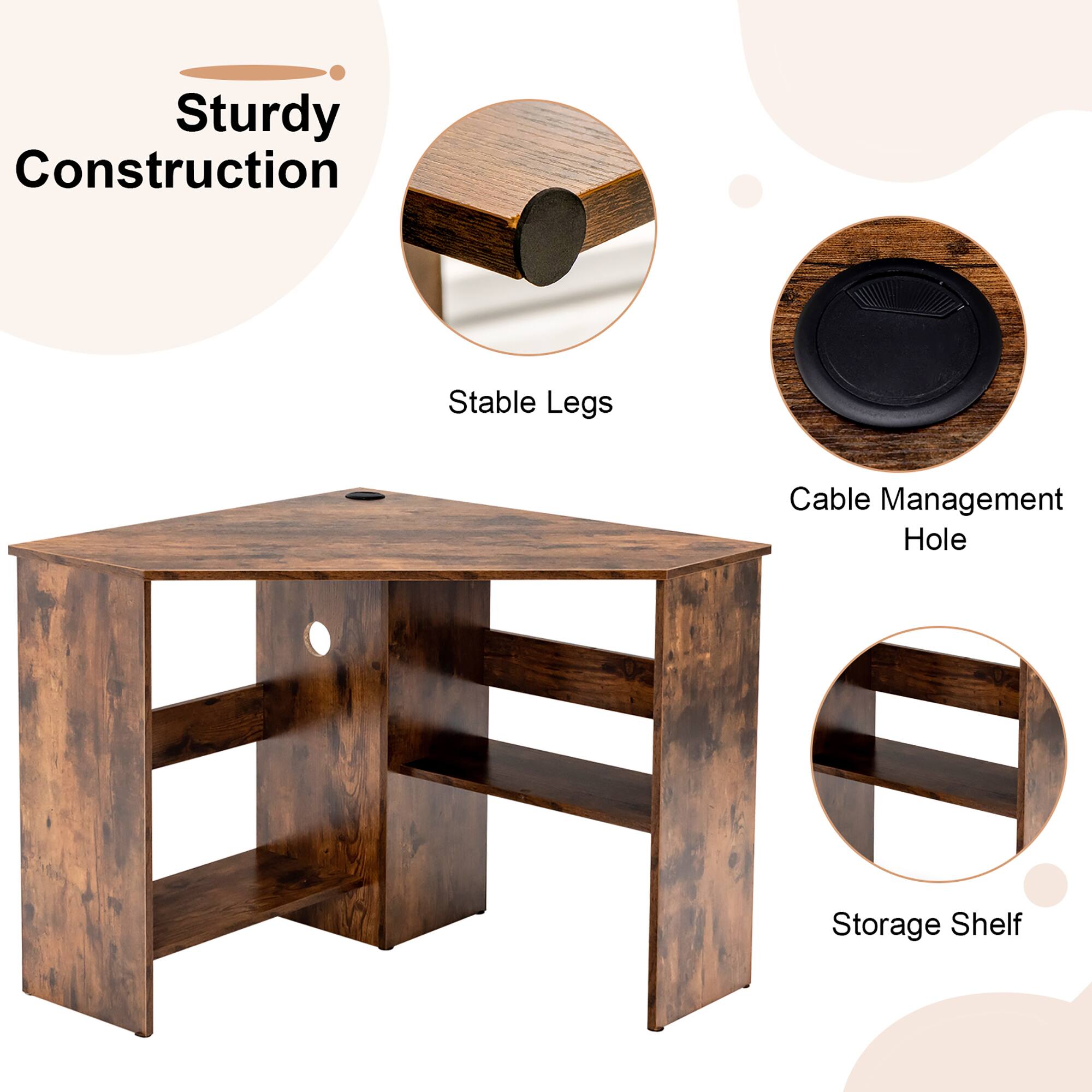 Sturdy Construction: Stable Legs, Cable Management Hole, Storage Shelf.