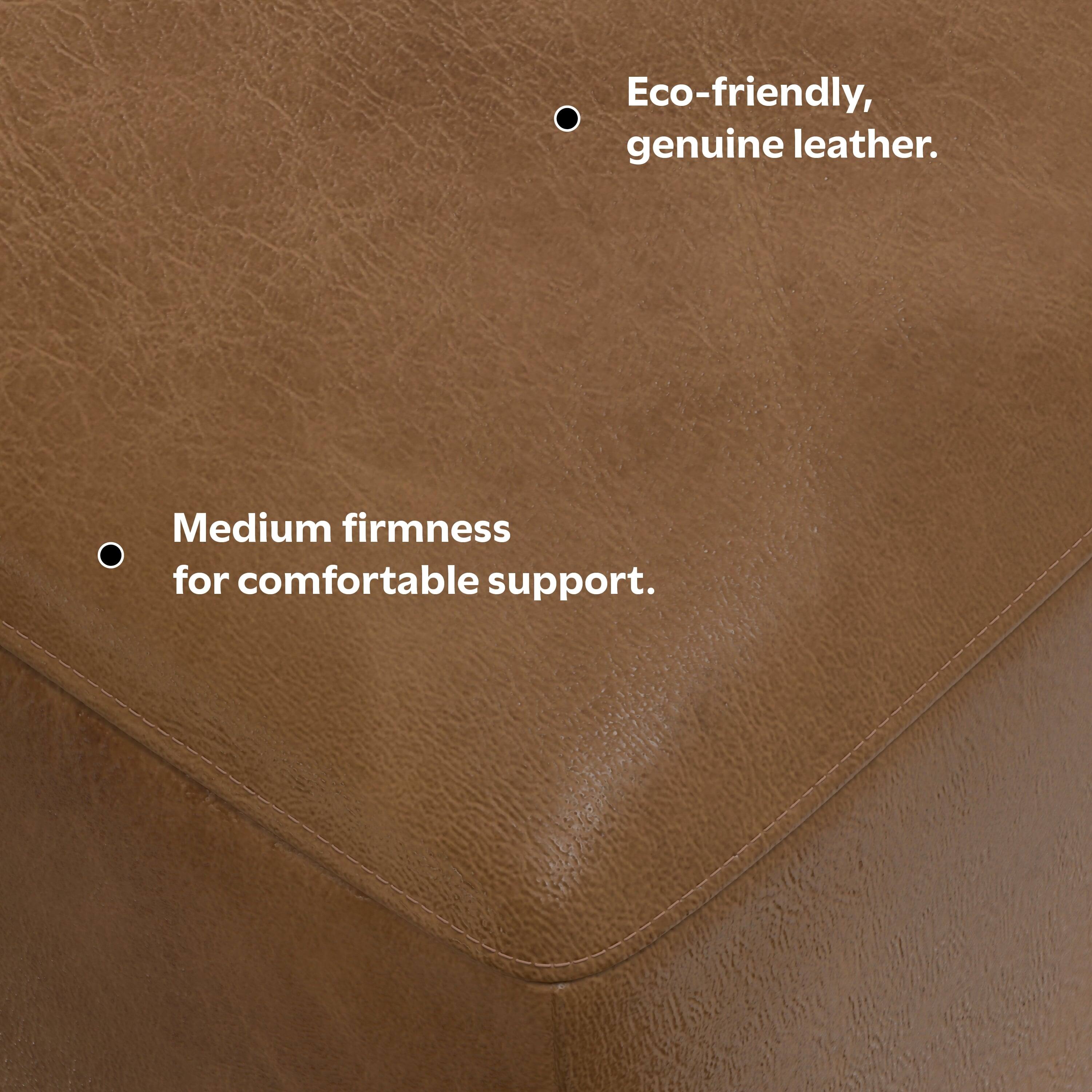 - Eco-friendly, genuine leather.
- Medium firmness for comfortable support.