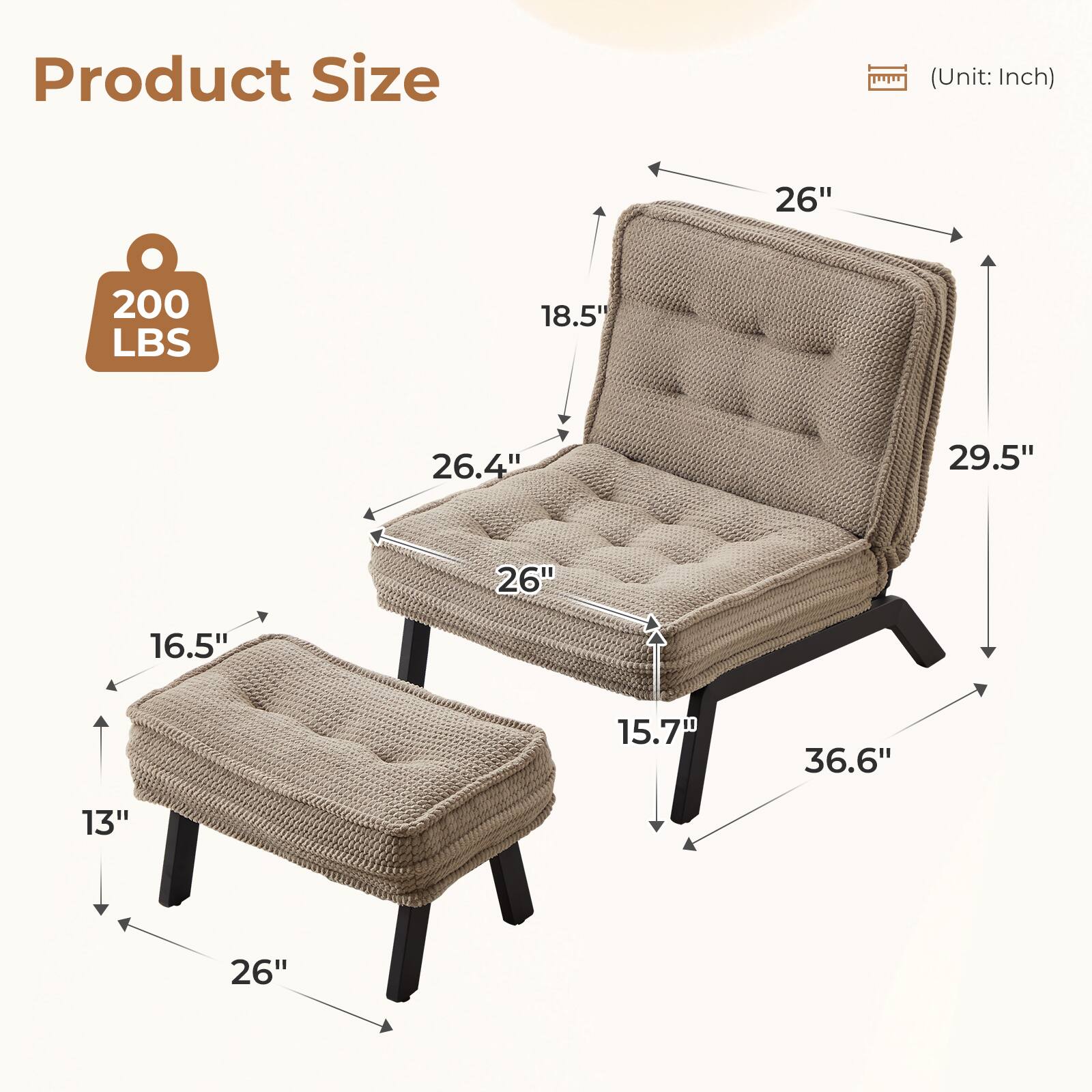 Product Size (Unit: Inch)  
26" x 200 LBS x 18.5" x 26.4" x 29.5" x 26" x 16.5" x 15.7" x 36.6" x 13" x 26"