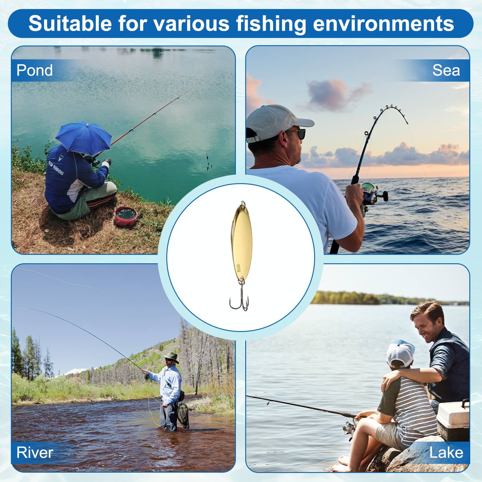 Suitable for various fishing environments

Pond
River
Lake
Sea